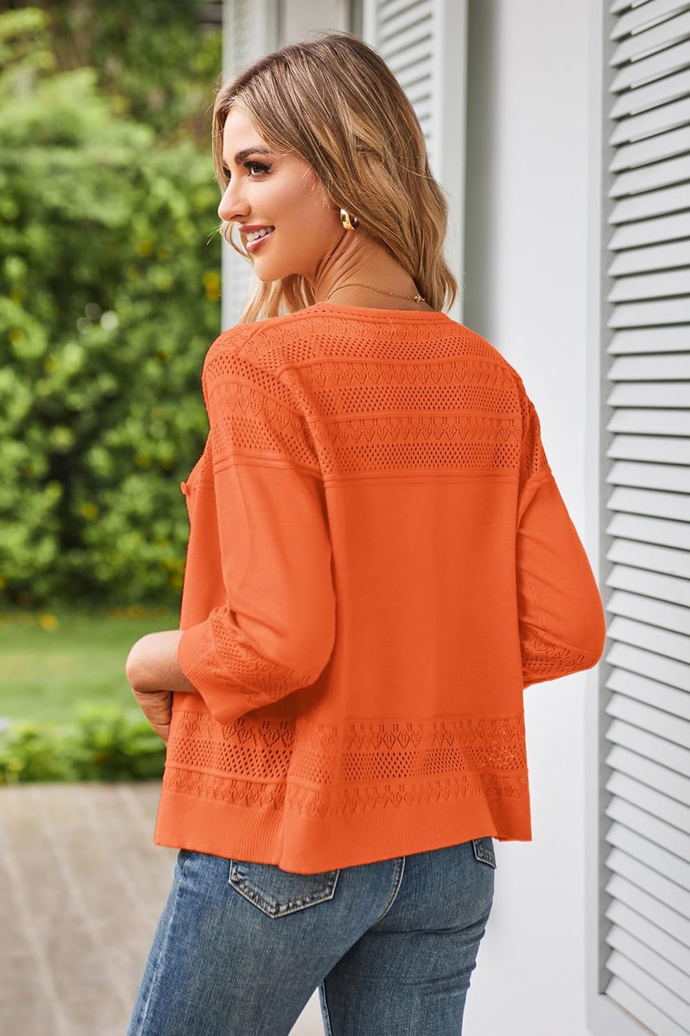 image:imageGRACE KARIN Womens Cropped Cardigans Lightweight Shrugs Summer 34 Sleeve Crochet Tops 2026 HollowedOut Knit Sweater Dressy Casual Solid Color CardiganOrange