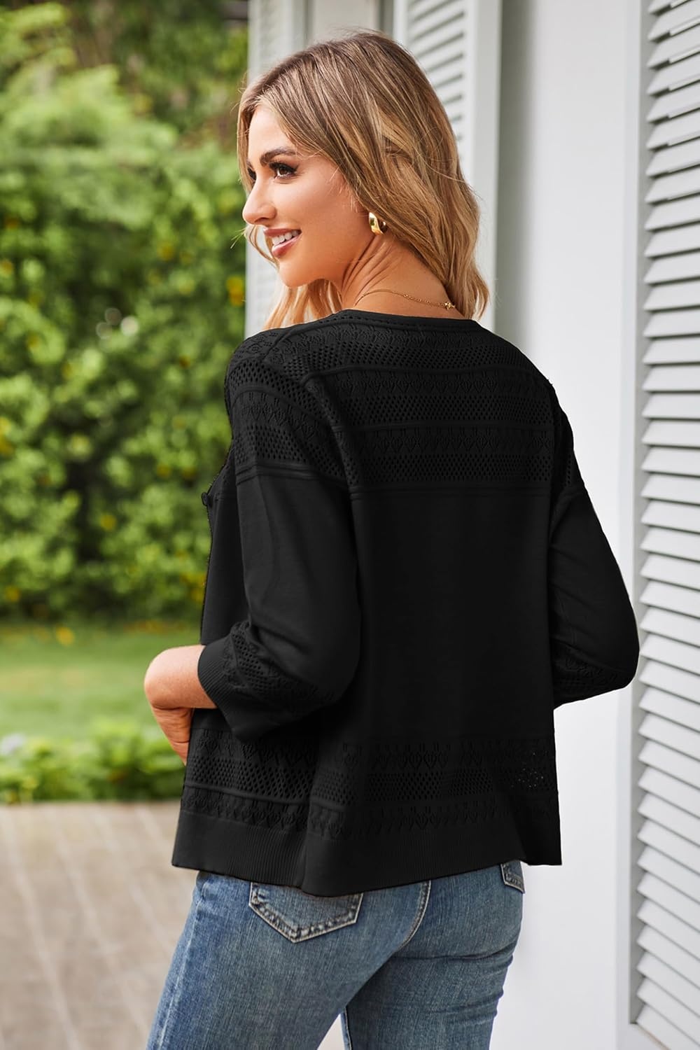 image:imageGRACE KARIN Womens Cropped Cardigans Lightweight Shrugs Summer 34 Sleeve Crochet Tops 2026 HollowedOut Knit Sweater Dressy Casual Solid Color CardiganBlack