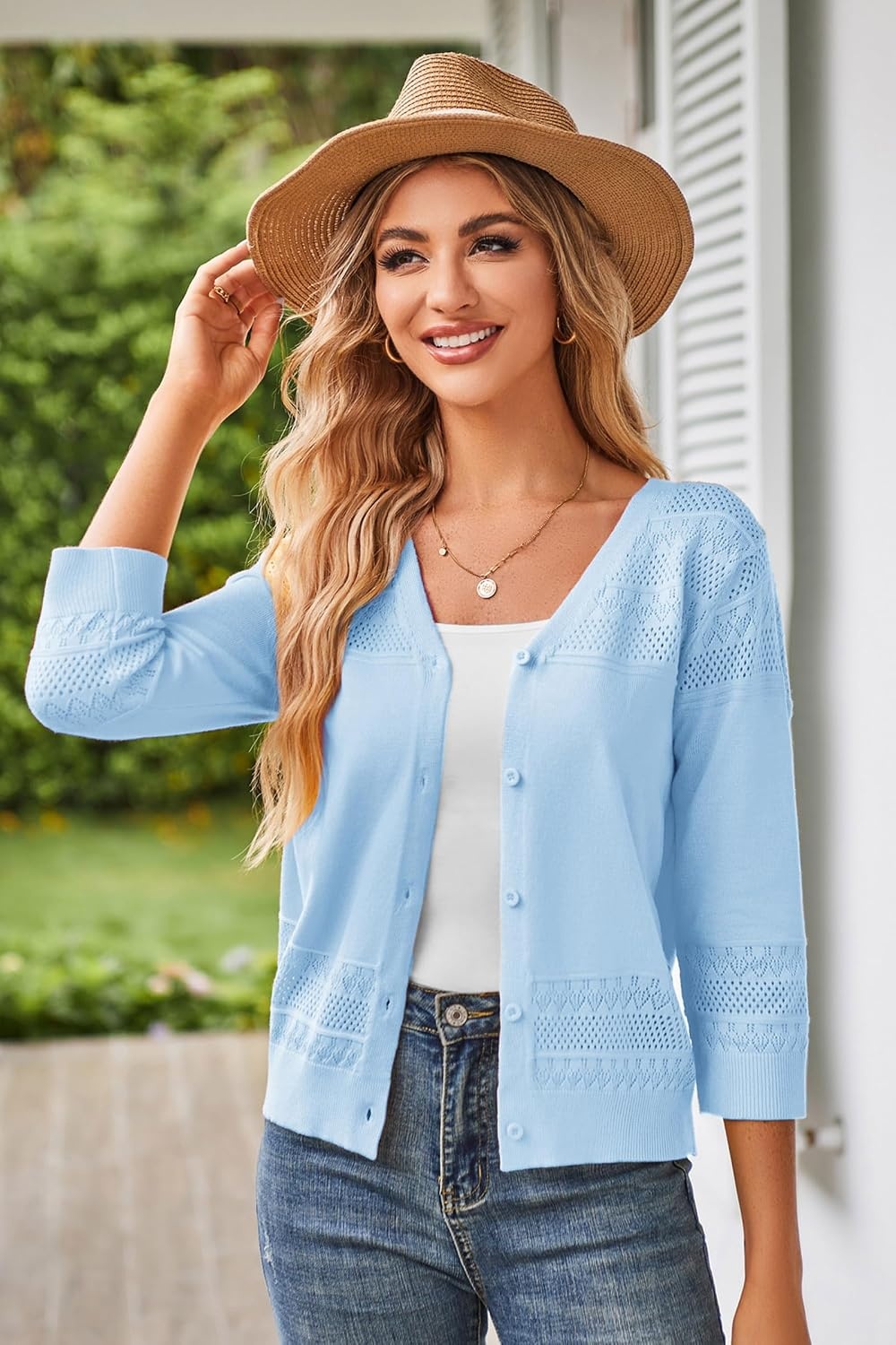 image:imageGRACE KARIN Womens Cropped Cardigans Lightweight Shrugs Summer 34 Sleeve Crochet Tops 2026 HollowedOut Knit Sweater Dressy Casual Solid Color CardiganLight Blue