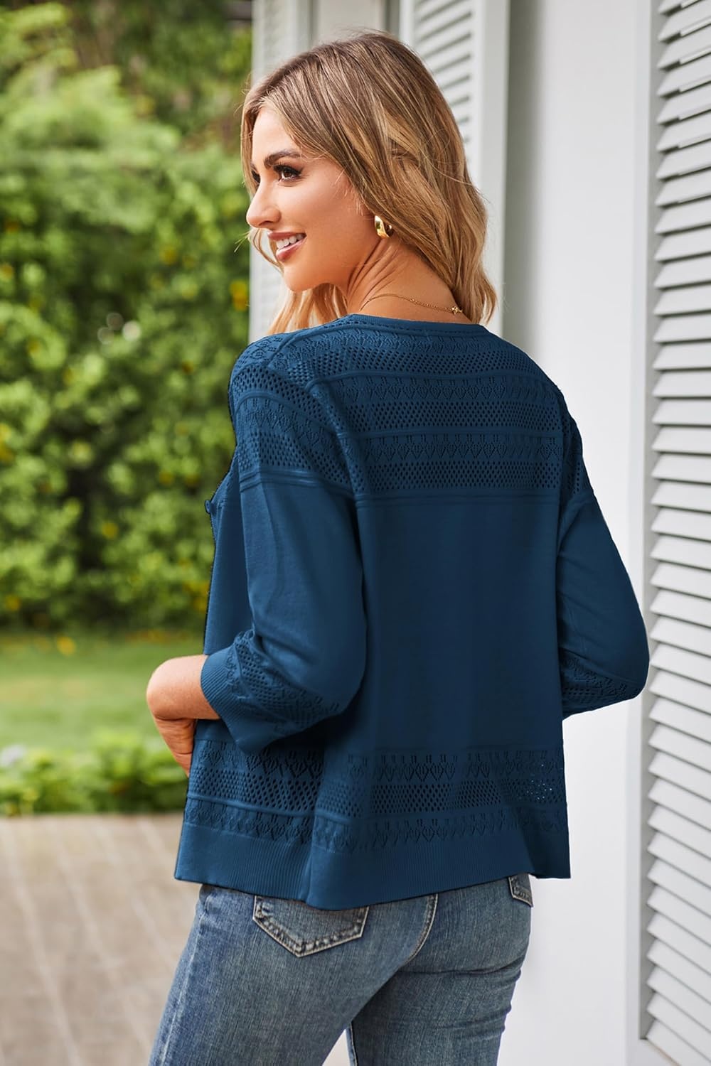 image:imageGRACE KARIN Womens Cropped Cardigans Lightweight Shrugs Summer 34 Sleeve Crochet Tops 2026 HollowedOut Knit Sweater Dressy Casual Solid Color CardiganNavy Blue