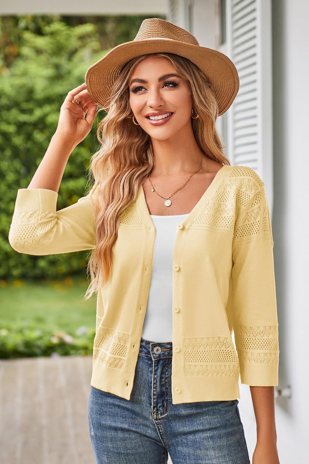 image:imageGRACE KARIN Womens Cropped Cardigans Lightweight Shrugs Summer 34 Sleeve Crochet Tops 2026 HollowedOut Knit Sweater Dressy Casual Solid Color CardiganLight Yellow