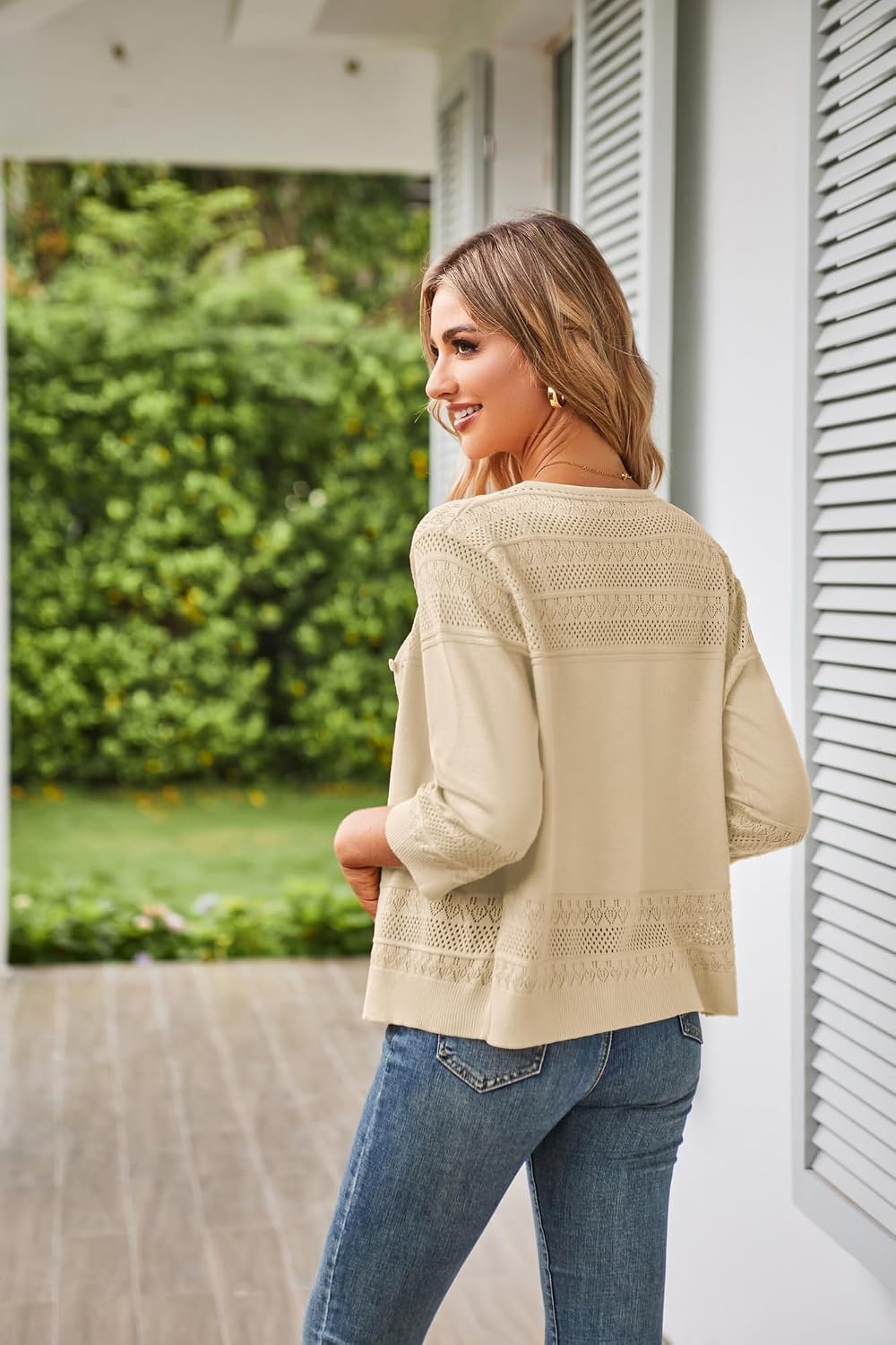 image:imageGRACE KARIN Womens Cropped Cardigans Lightweight Shrugs Summer 34 Sleeve Crochet Tops 2026 HollowedOut Knit Sweater Dressy Casual Solid Color CardiganLight Apricot