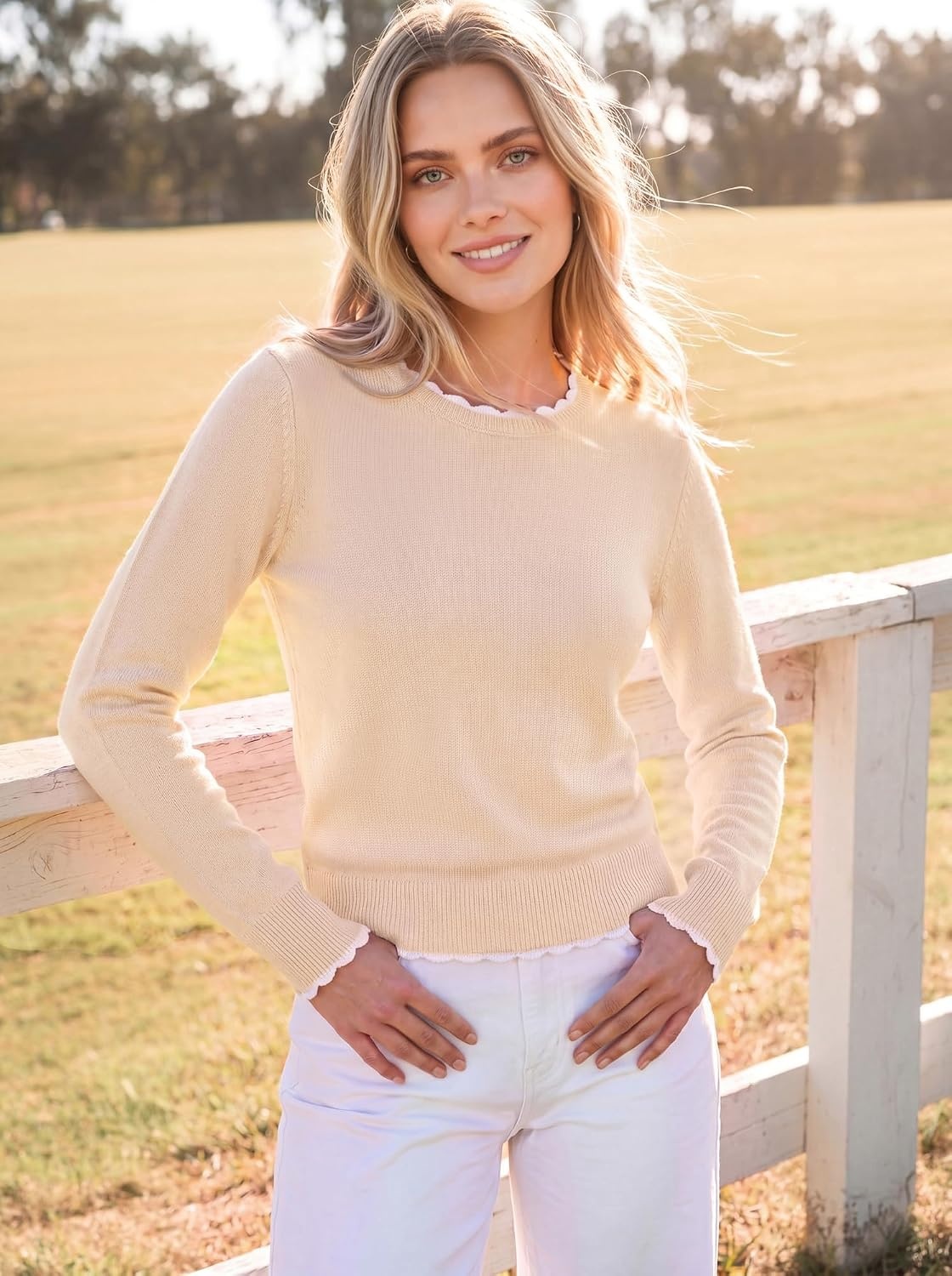 image:imageGRACE KARIN Womens Fall Sweaters Crew Neck Cropped Cozy Sweater for Women Business Casual Scalloped Knit Pullover TopsBeige