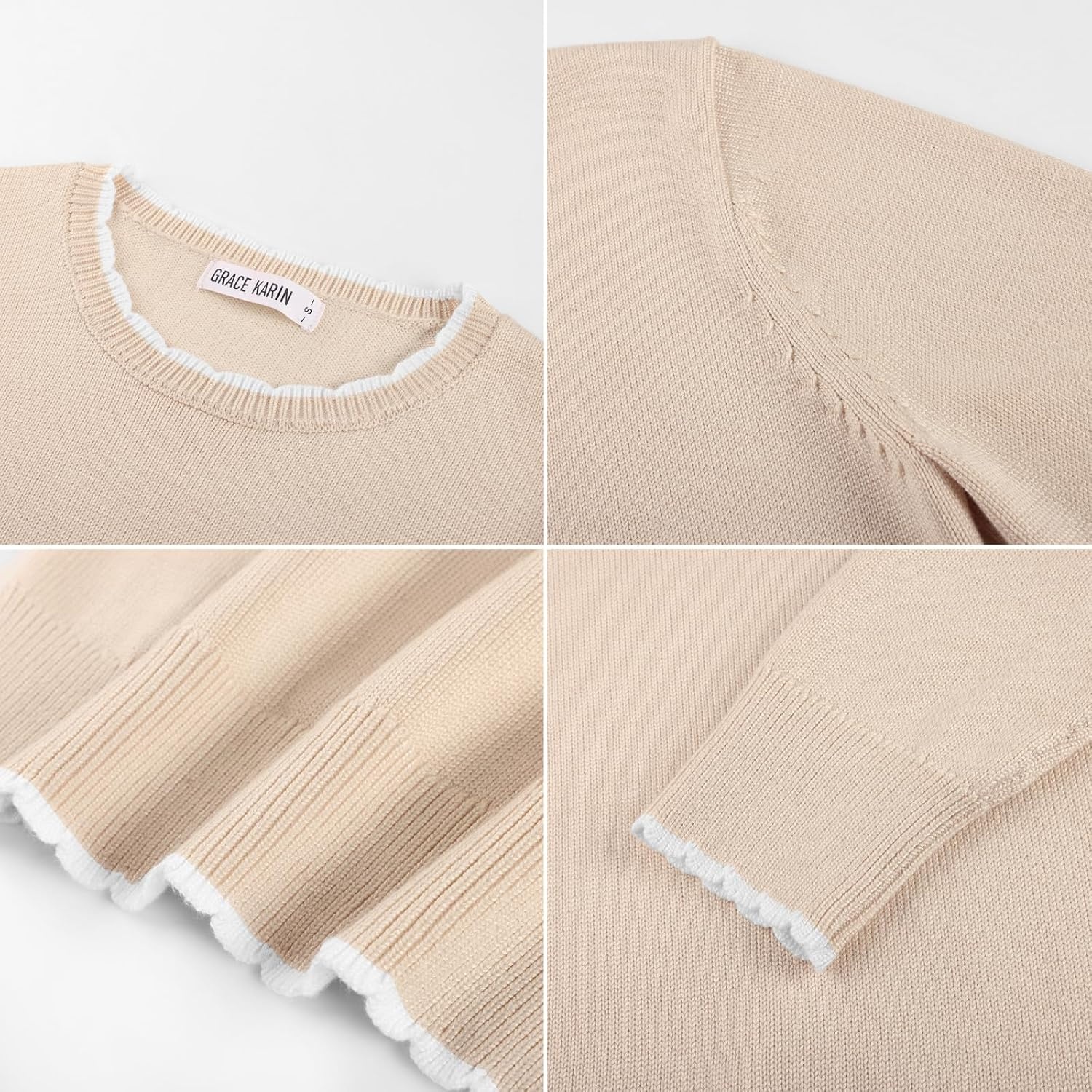 image:imageGRACE KARIN Womens Fall Sweaters Crew Neck Cropped Cozy Sweater for Women Business Casual Scalloped Knit Pullover TopsBeige