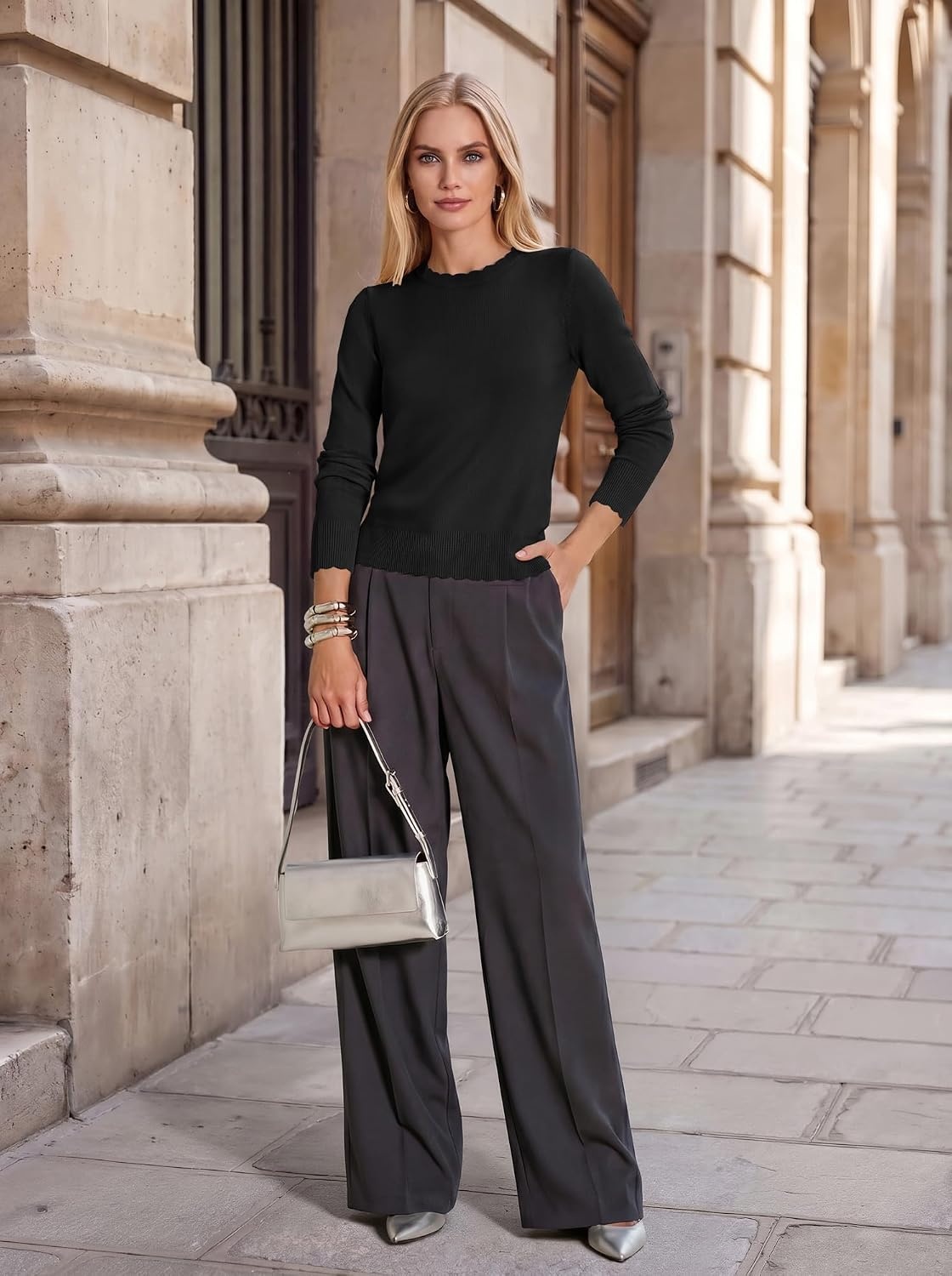 image:imageGRACE KARIN Womens Fall Sweaters Crew Neck Cropped Cozy Sweater for Women Business Casual Scalloped Knit Pullover TopsBlack