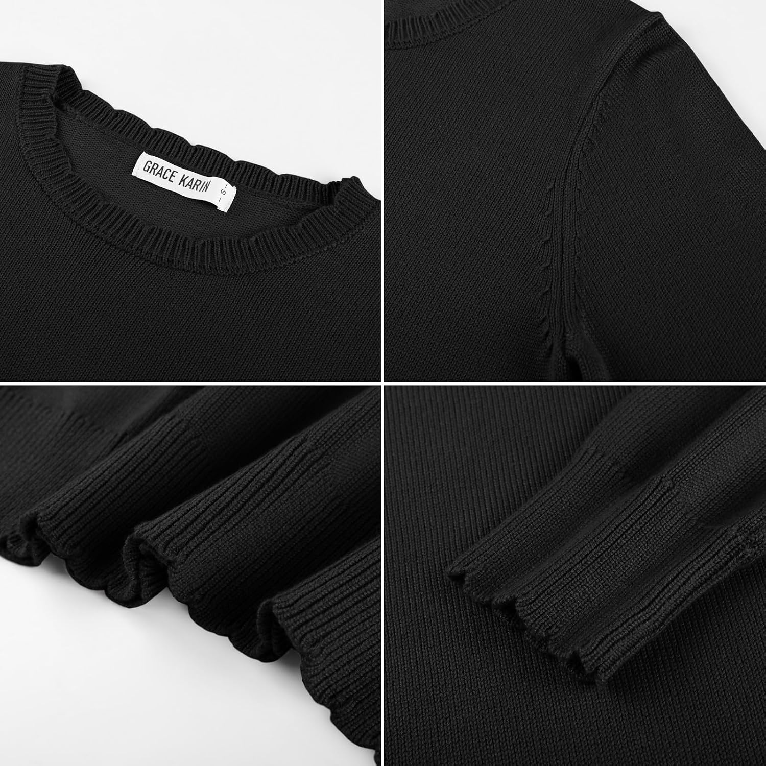 image:imageGRACE KARIN Womens Fall Sweaters Crew Neck Cropped Cozy Sweater for Women Business Casual Scalloped Knit Pullover TopsBlack