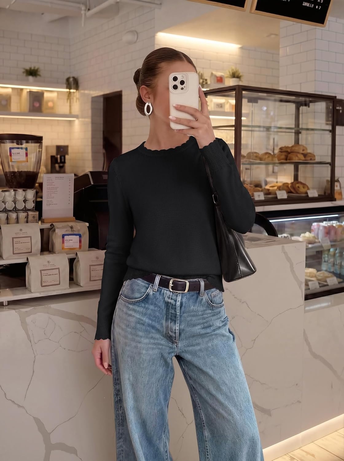 image:imageGRACE KARIN Womens Fall Sweaters Crew Neck Cropped Cozy Sweater for Women Business Casual Scalloped Knit Pullover TopsBlack