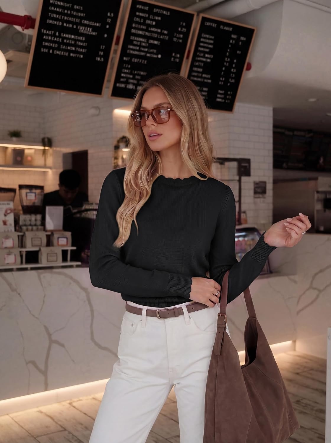image:imageGRACE KARIN Womens Fall Sweaters Crew Neck Cropped Cozy Sweater for Women Business Casual Scalloped Knit Pullover TopsBlack