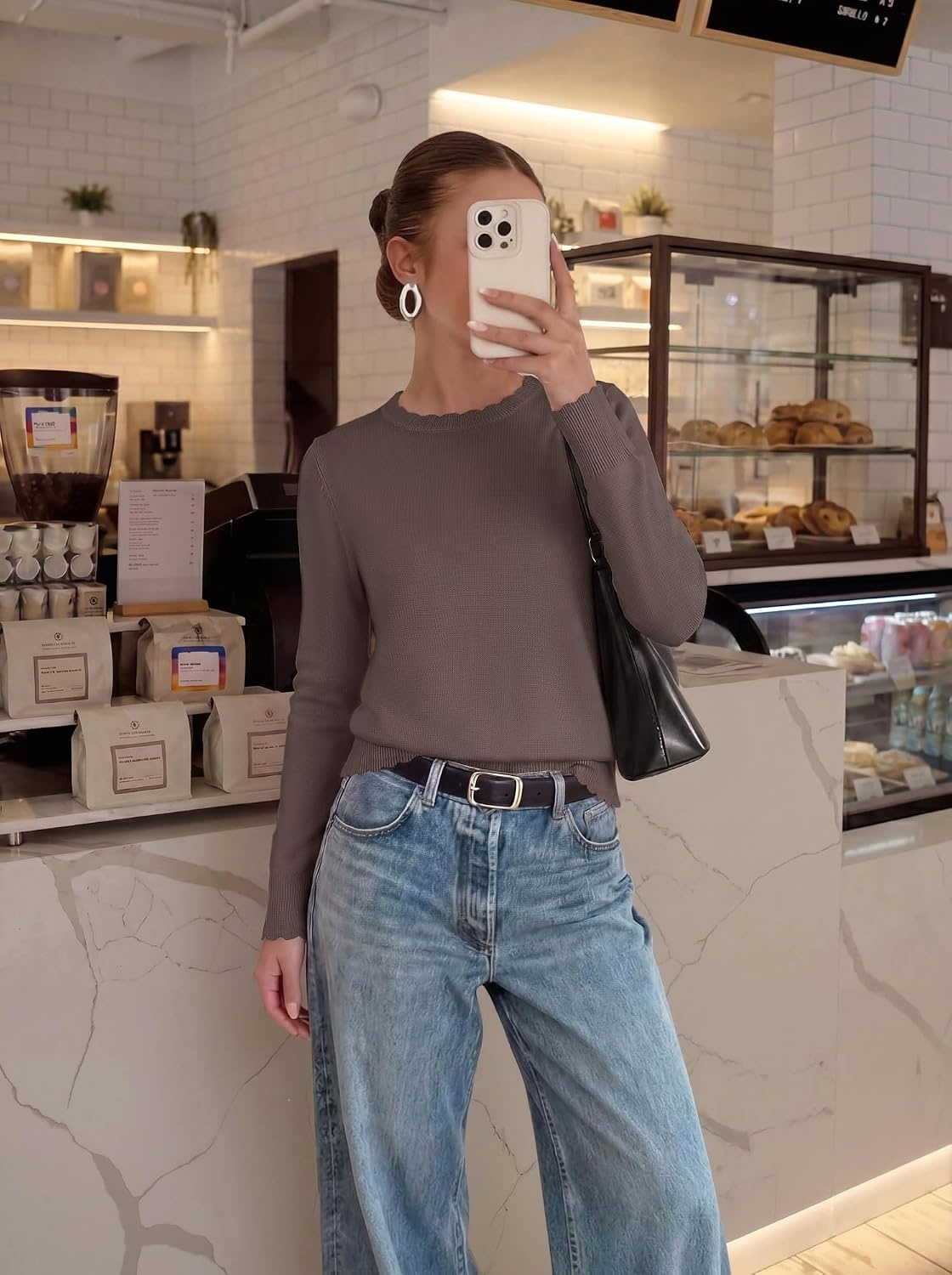 image:imageGRACE KARIN Womens Fall Sweaters Crew Neck Cropped Cozy Sweater for Women Business Casual Scalloped Knit Pullover TopsCoffee