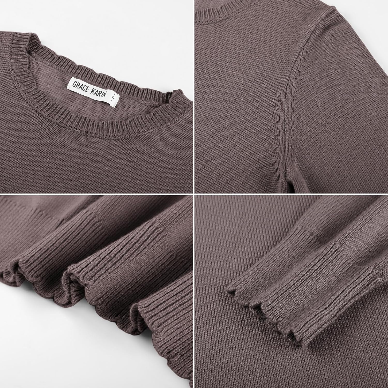 image:imageGRACE KARIN Womens Fall Sweaters Crew Neck Cropped Cozy Sweater for Women Business Casual Scalloped Knit Pullover TopsCoffee