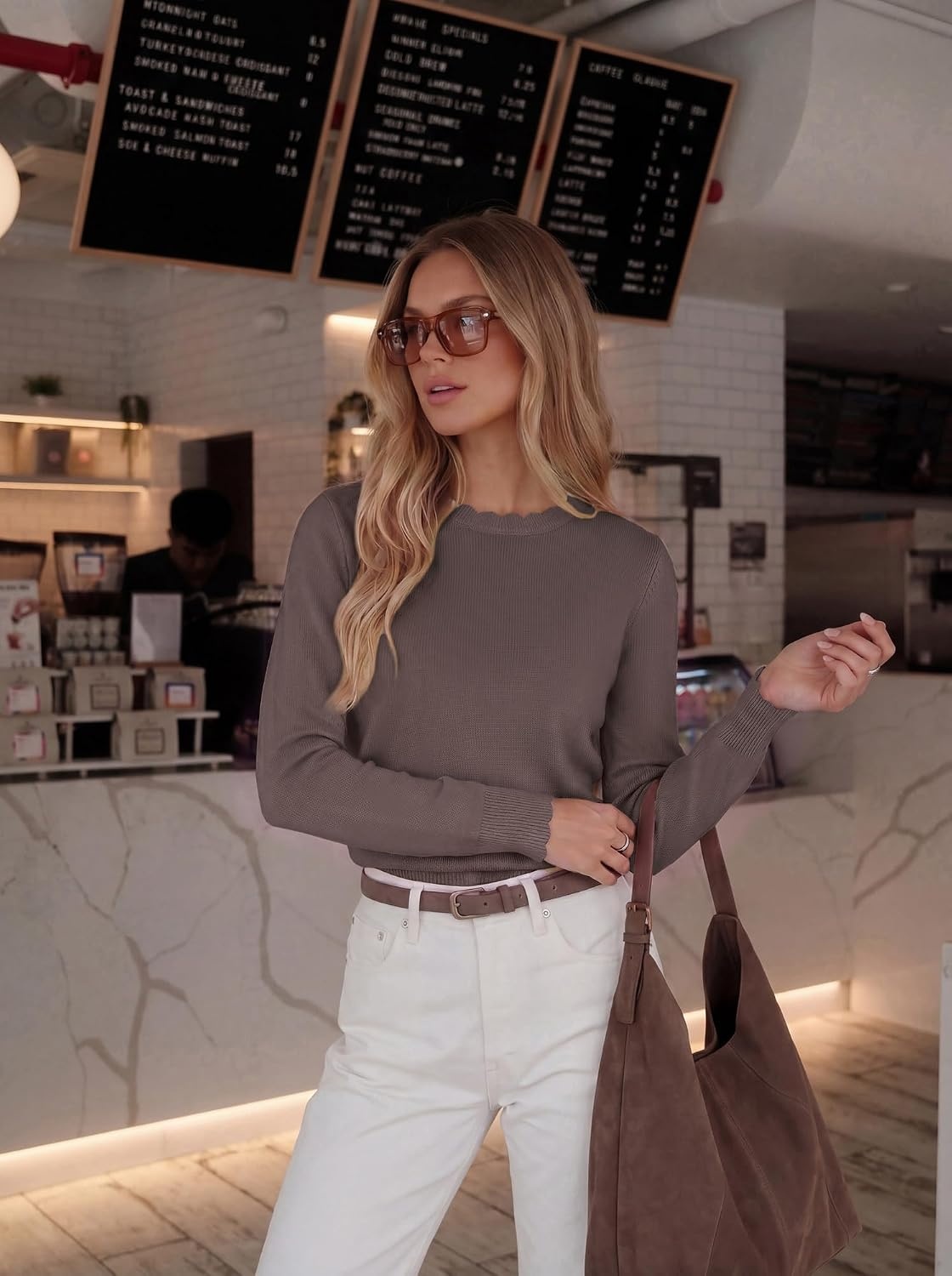 image:imageGRACE KARIN Womens Fall Sweaters Crew Neck Cropped Cozy Sweater for Women Business Casual Scalloped Knit Pullover TopsCoffee