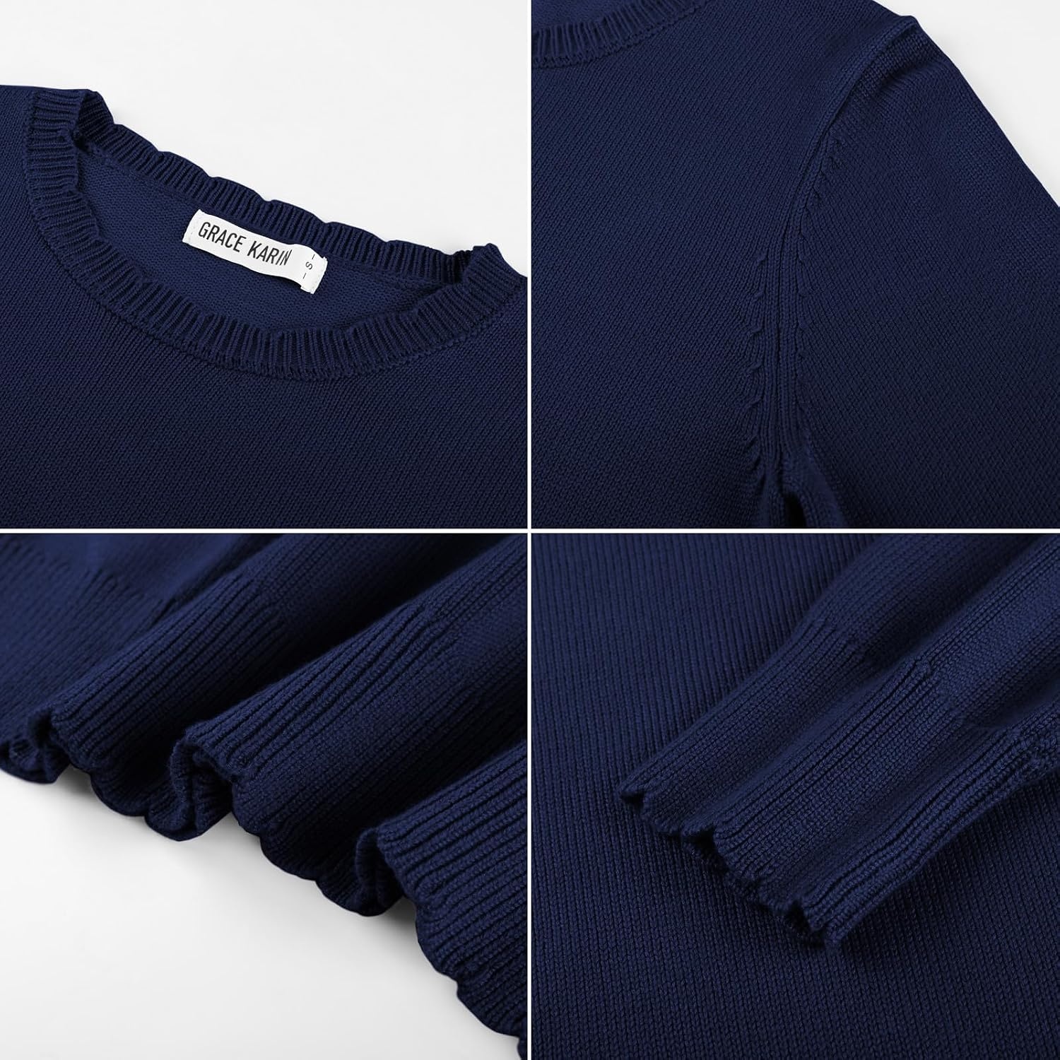 image:imageGRACE KARIN Womens Fall Sweaters Crew Neck Cropped Cozy Sweater for Women Business Casual Scalloped Knit Pullover TopsNavy Blue