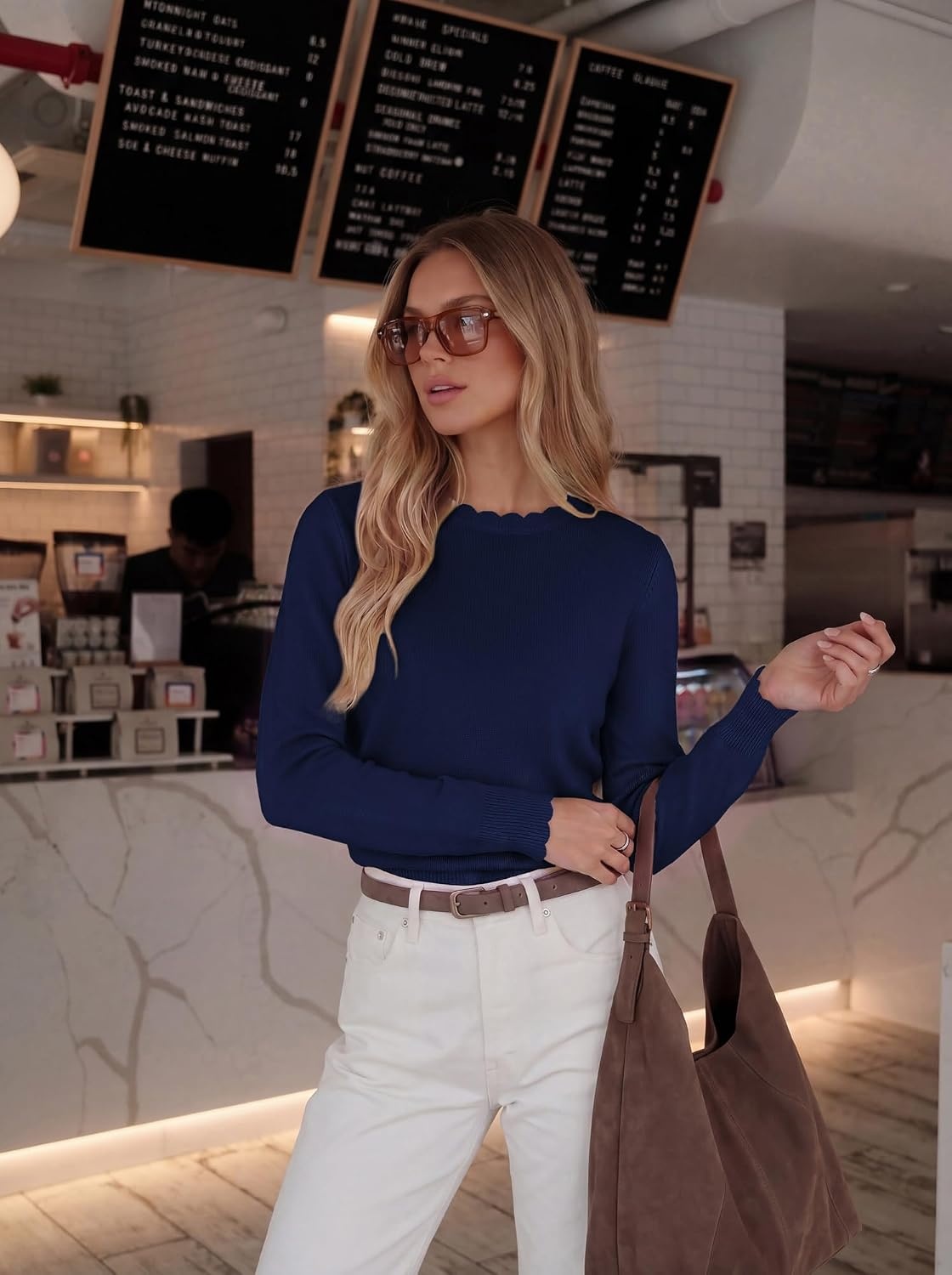 image:imageGRACE KARIN Womens Fall Sweaters Crew Neck Cropped Cozy Sweater for Women Business Casual Scalloped Knit Pullover TopsNavy Blue
