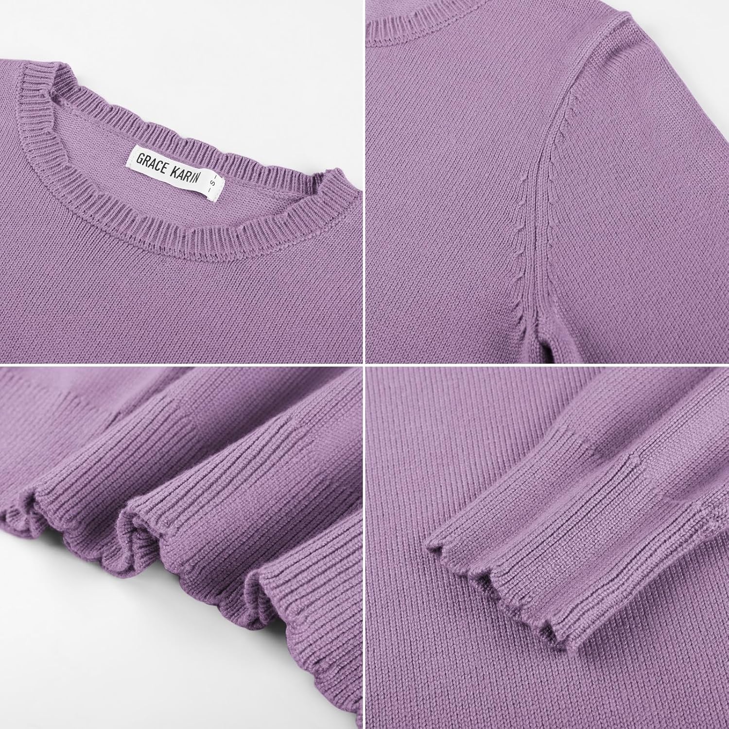 image:imageGRACE KARIN Womens Fall Sweaters Crew Neck Cropped Cozy Sweater for Women Business Casual Scalloped Knit Pullover TopsPurple