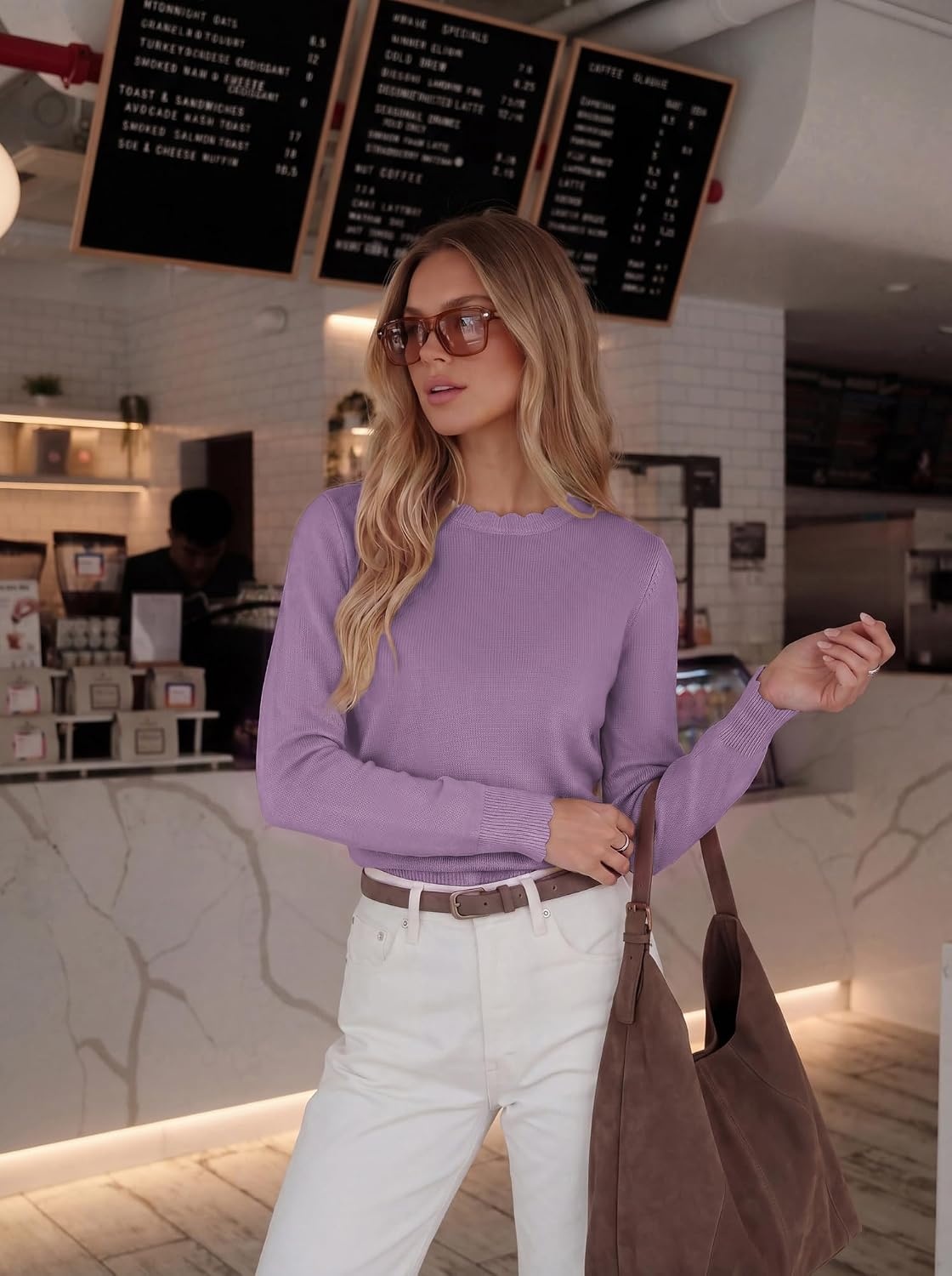 image:imageGRACE KARIN Womens Fall Sweaters Crew Neck Cropped Cozy Sweater for Women Business Casual Scalloped Knit Pullover TopsPurple