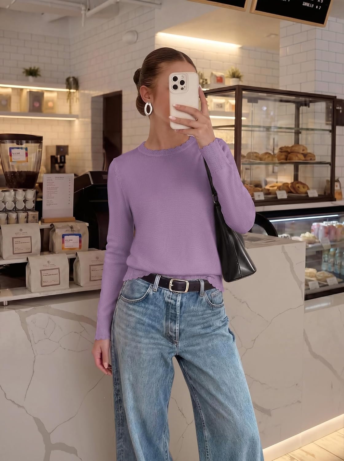 image:imageGRACE KARIN Womens Fall Sweaters Crew Neck Cropped Cozy Sweater for Women Business Casual Scalloped Knit Pullover TopsPurple
