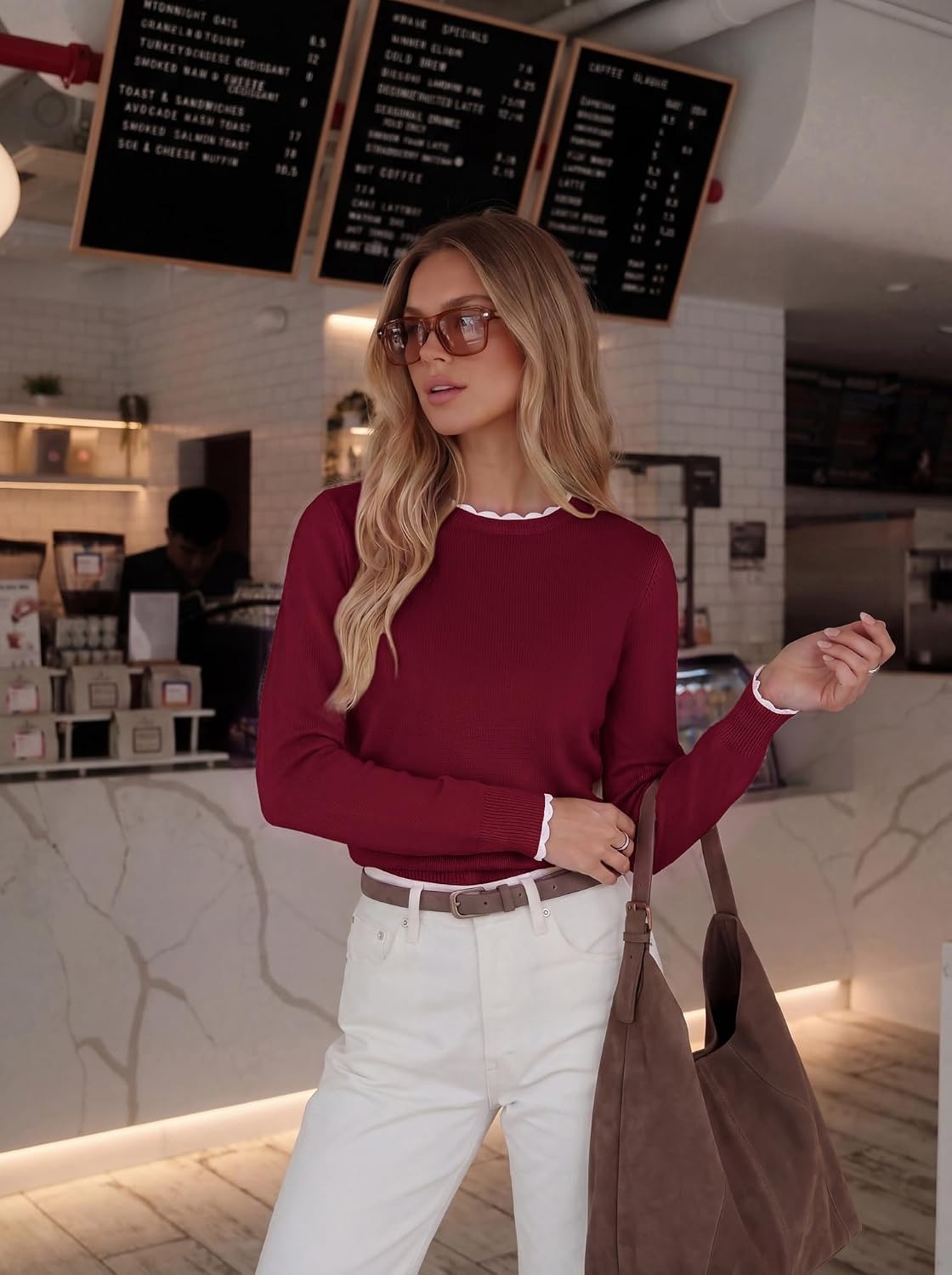 image:imageGRACE KARIN Womens Fall Sweaters Crew Neck Cropped Cozy Sweater for Women Business Casual Scalloped Knit Pullover TopsWine Red