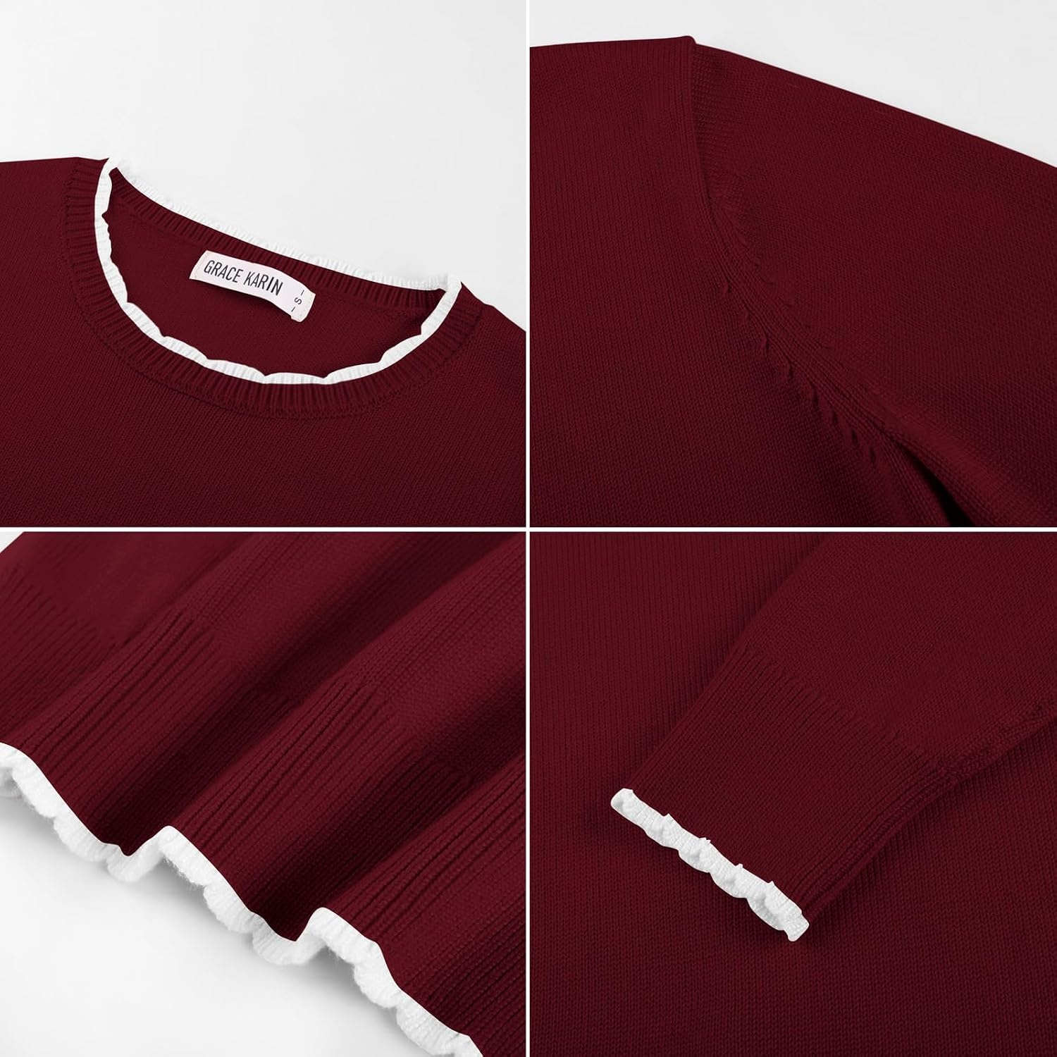 image:imageGRACE KARIN Womens Fall Sweaters Crew Neck Cropped Cozy Sweater for Women Business Casual Scalloped Knit Pullover TopsWine Red