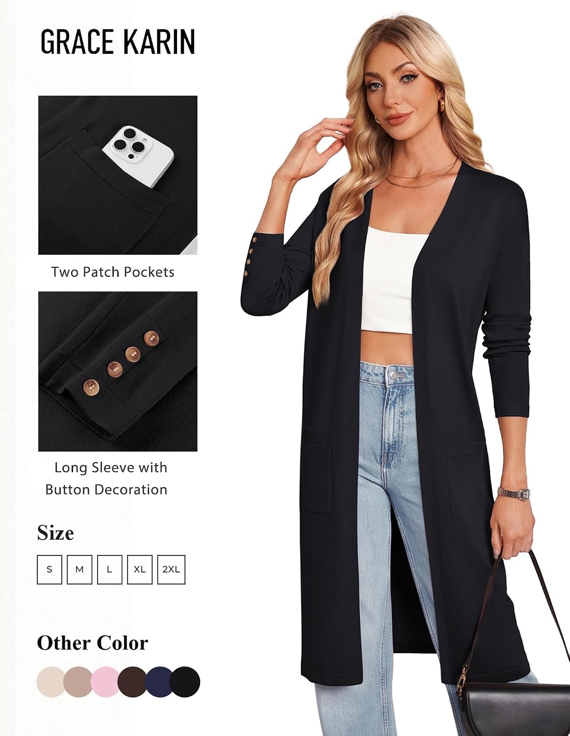image:imageGRACE KARIN Womens Long Cardigan Sweaters Lightweight Open Front Maxi Cardigans for Women Fall Fashion Outfits 2026Black
