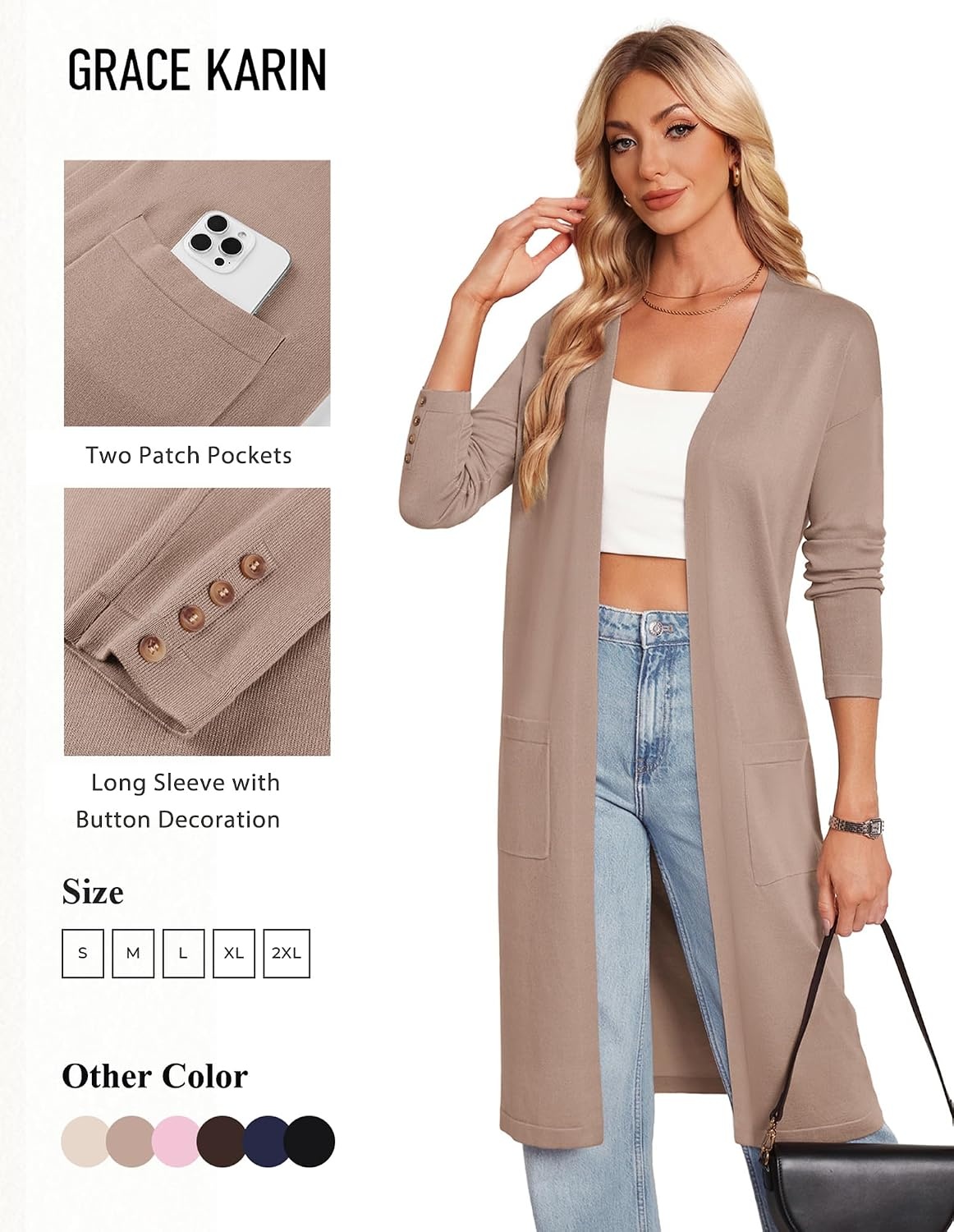 image:imageGRACE KARIN Womens Long Cardigan Sweaters Lightweight Open Front Maxi Cardigans for Women Fall Fashion Outfits 2026Camel