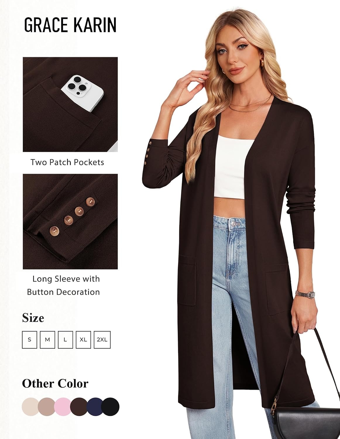 image:imageGRACE KARIN Womens Long Cardigan Sweaters Lightweight Open Front Maxi Cardigans for Women Fall Fashion Outfits 2026Chocolate Brown