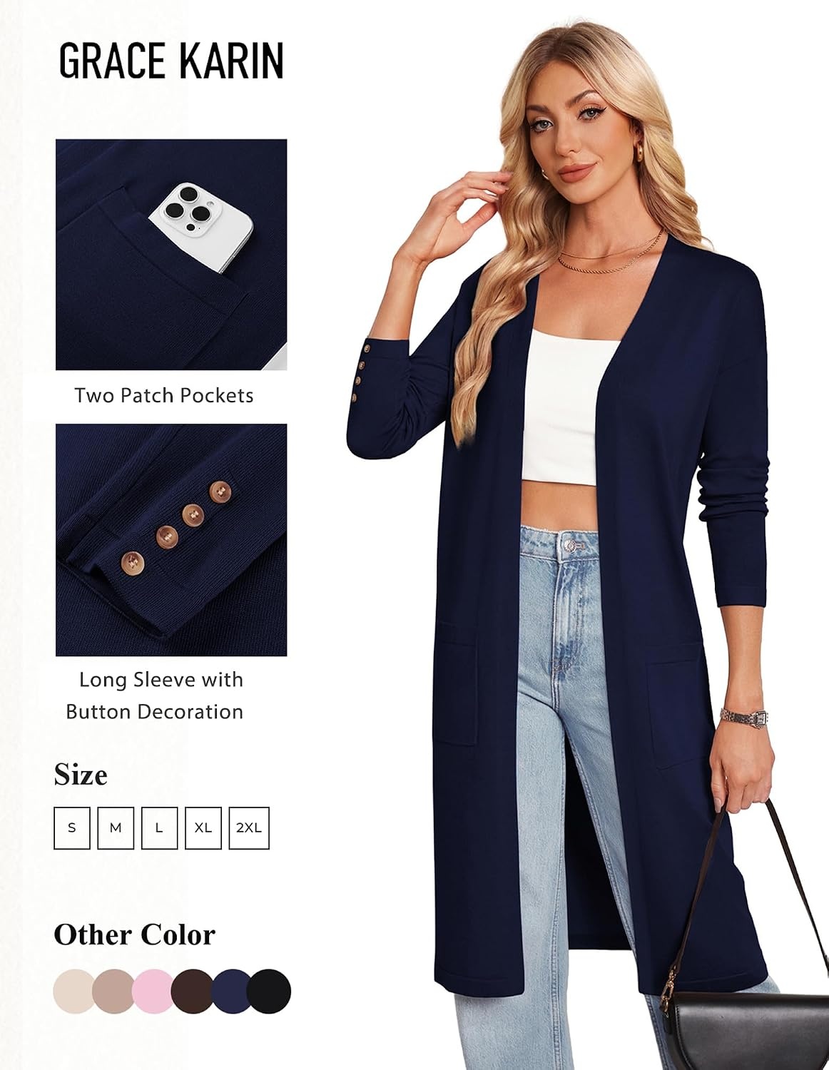 image:imageGRACE KARIN Womens Long Cardigan Sweaters Lightweight Open Front Maxi Cardigans for Women Fall Fashion Outfits 2026Navy Blue