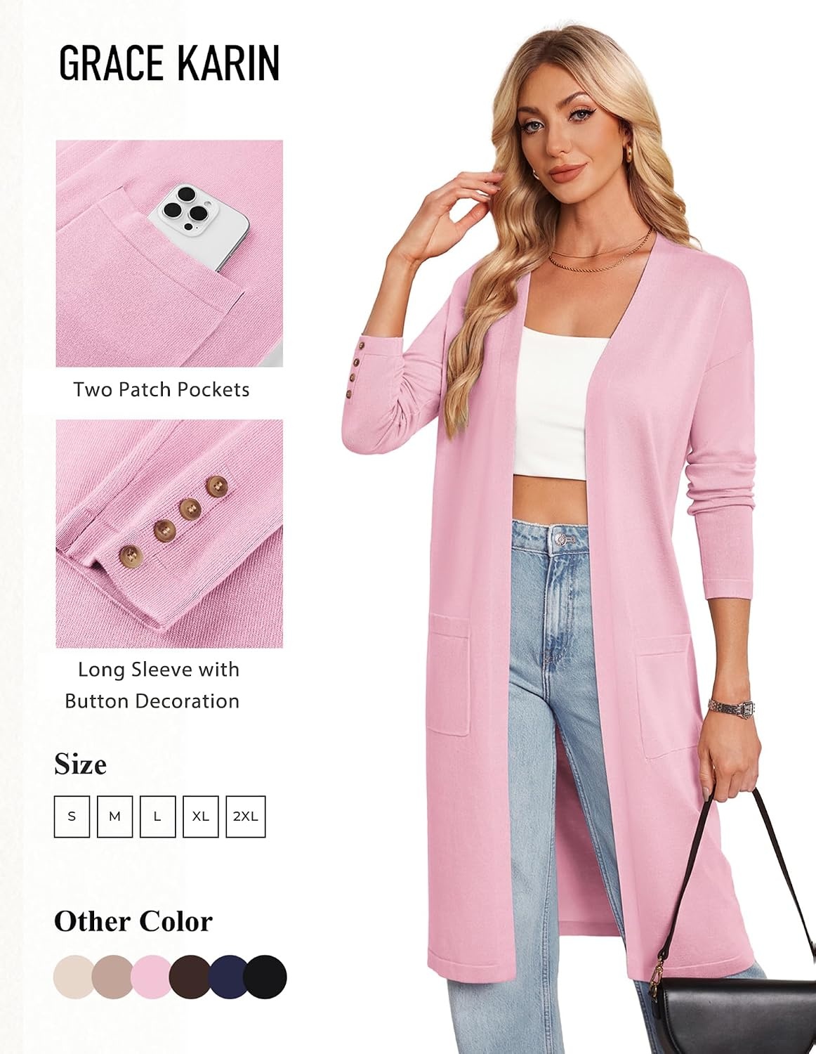 image:imageGRACE KARIN Womens Long Cardigan Sweaters Lightweight Open Front Maxi Cardigans for Women Fall Fashion Outfits 2026Pink