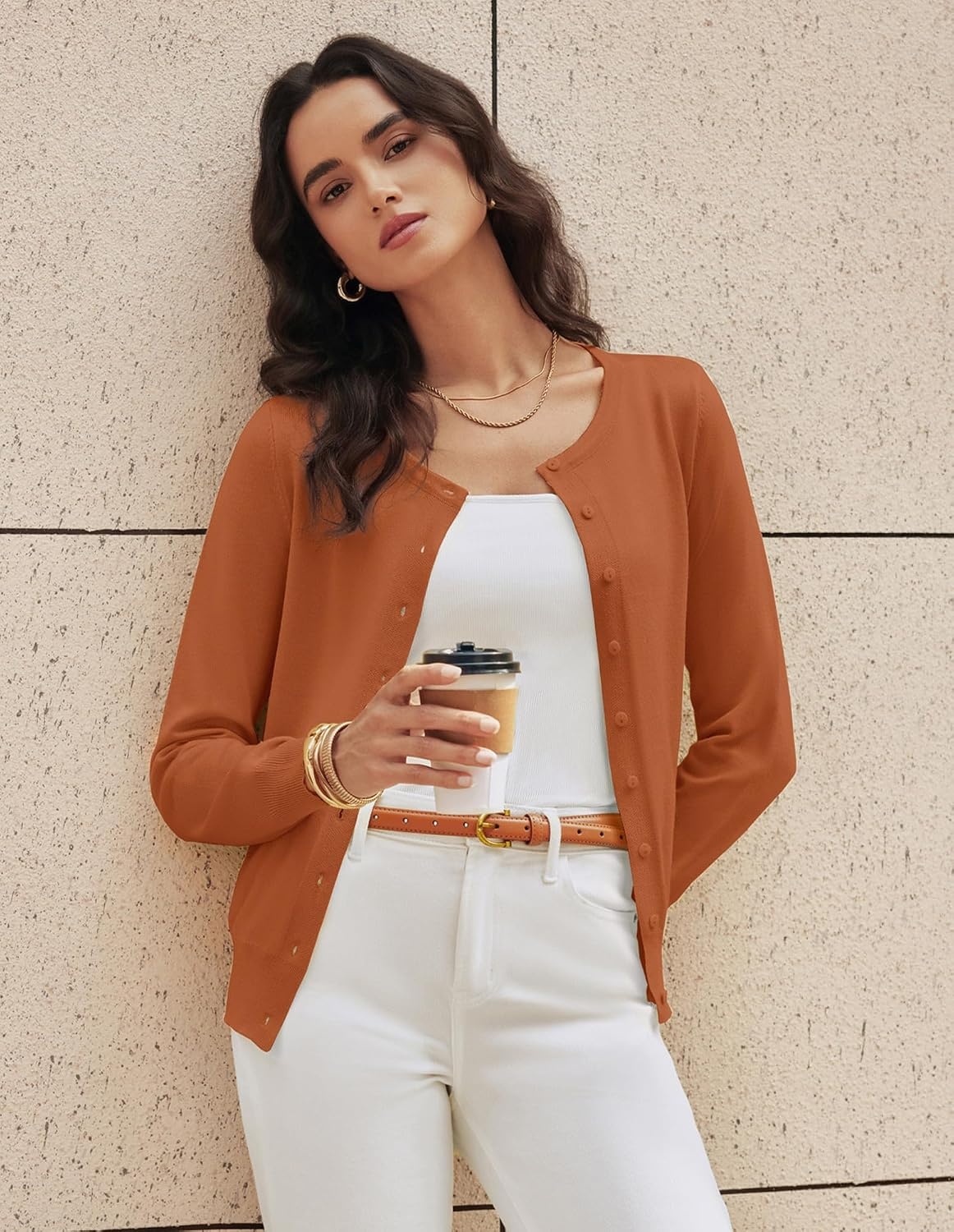 image:imageGRACE KARIN Womens Long Sleeve Knit Cardigan Sweaters Casual Dressy Open Front Button Down Cardigans Summer OutfitsBright Orange