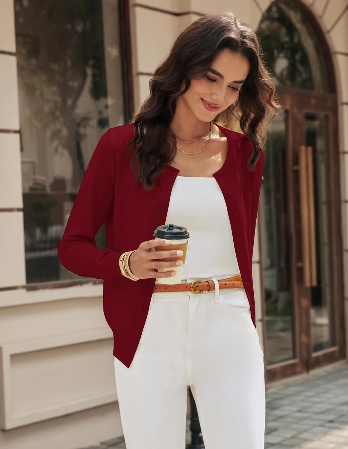 image:imageGRACE KARIN Womens Long Sleeve Knit Cardigan Sweaters Casual Dressy Open Front Button Down Cardigans Summer OutfitsDark Red