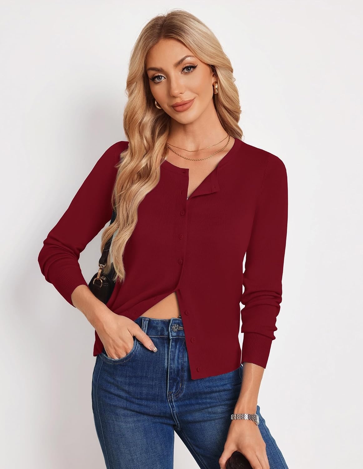 image:imageGRACE KARIN Womens Long Sleeve Knit Cardigan Sweaters Casual Dressy Open Front Button Down Cardigans Summer OutfitsDark Red