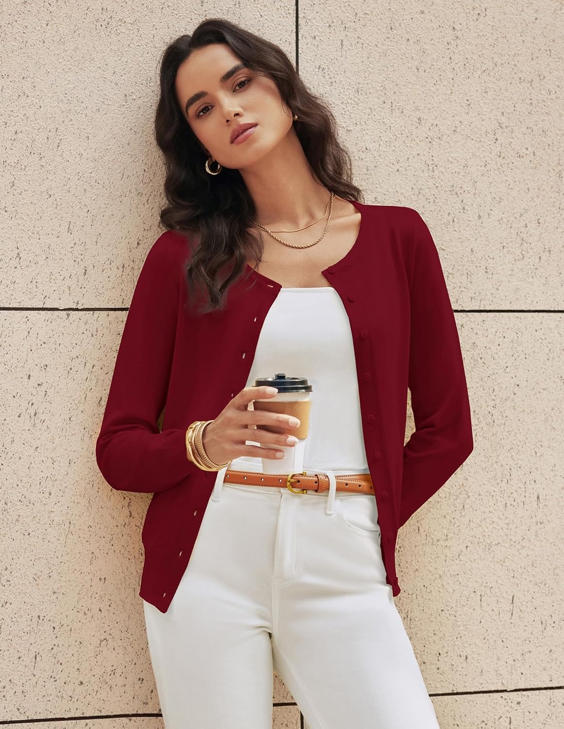 image:imageGRACE KARIN Womens Long Sleeve Knit Cardigan Sweaters Casual Dressy Open Front Button Down Cardigans Summer OutfitsDark Red