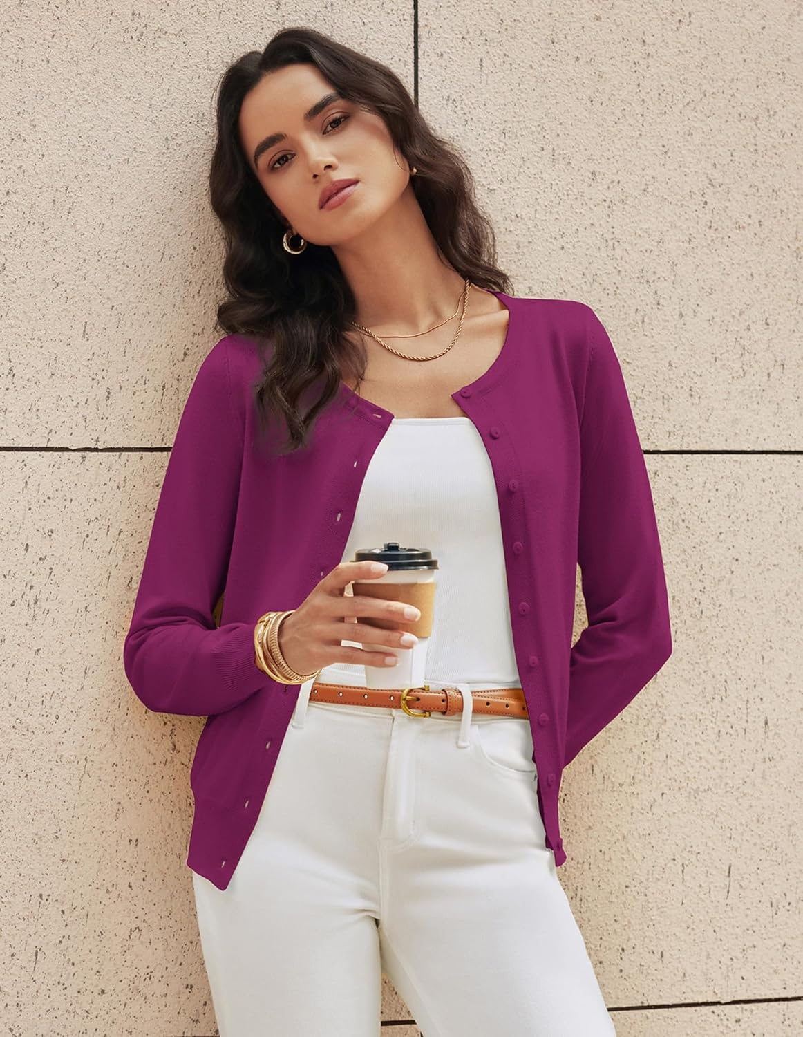 image:imageGRACE KARIN Womens Long Sleeve Knit Cardigan Sweaters Casual Dressy Open Front Button Down Cardigans Summer OutfitsDark Rose