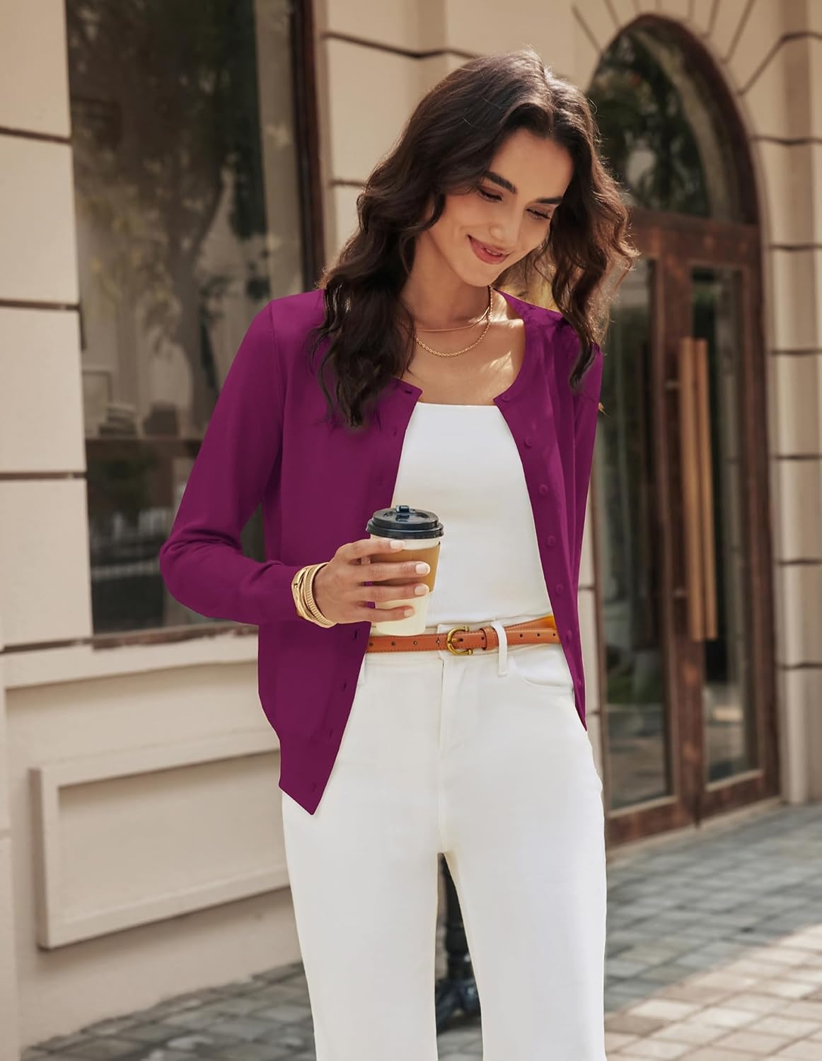 image:imageGRACE KARIN Womens Long Sleeve Knit Cardigan Sweaters Casual Dressy Open Front Button Down Cardigans Summer OutfitsDark Rose