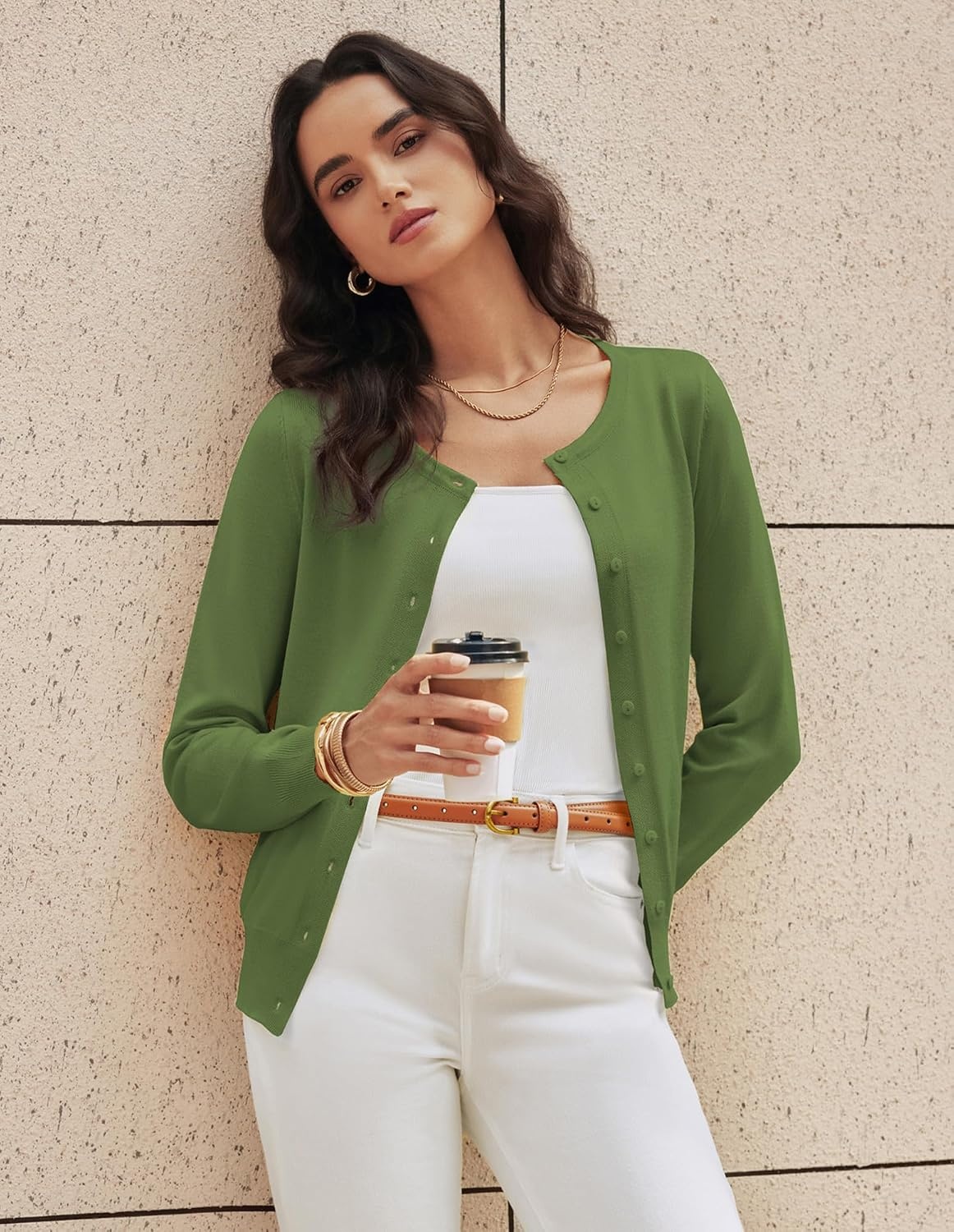 image:imageGRACE KARIN Womens Long Sleeve Knit Cardigan Sweaters Casual Dressy Open Front Button Down Cardigans Summer OutfitsMoss Green