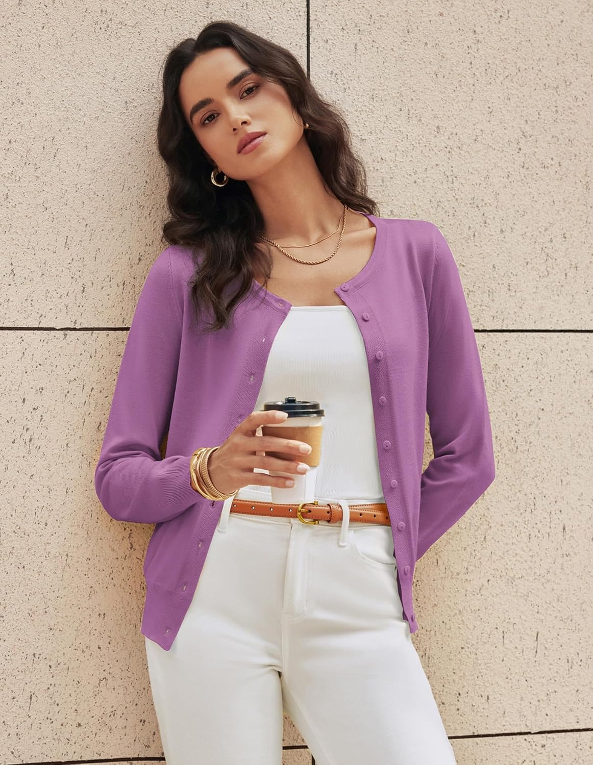 image:imageGRACE KARIN Womens Long Sleeve Knit Cardigan Sweaters Casual Dressy Open Front Button Down Cardigans Summer OutfitsPurplish Pink