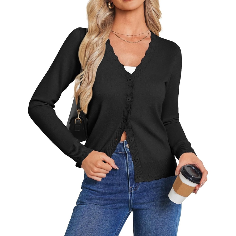 image:imageGRACE KARIN Cardigan Sweaters for Women Wool Blend Sweater Fall Fashion Button UpLong Sleeve V Neck Open FrontSoft KnitDressy Cropped ShrugsSummer Fall ClothesBusiness Casual Teacher OutfitsBlack