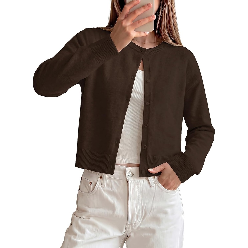 image:imageGRACE KARIN Cropped Cardigan Sweaters for Women Long Sleeve Crew Neck Open Front Jackets Y2K Fall Fashion Clothes 2026Chocolate Brown