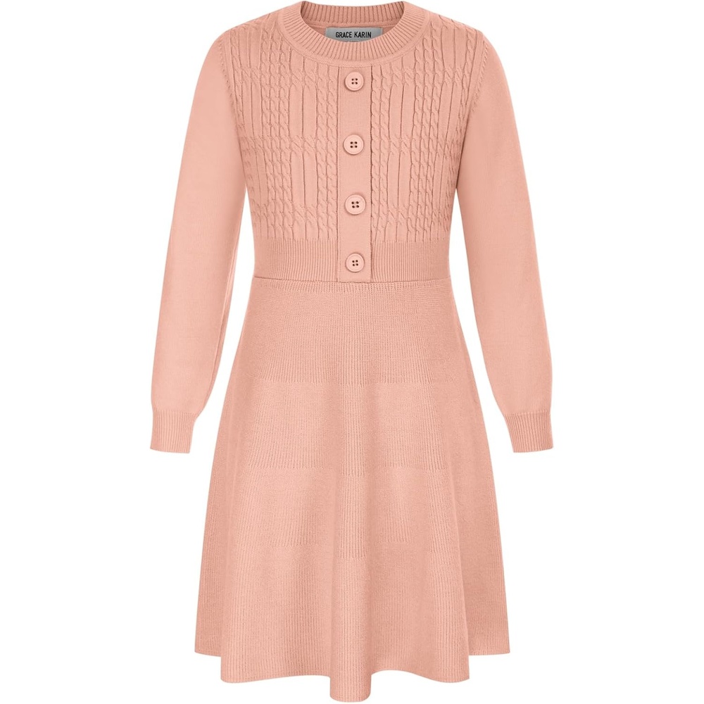 image:imageGRACE KARIN Girl Dress Long Sleeve Sweater Ruffle Button Front Knit Casual Fall Winter Dresses for Girls 512Coral Pink