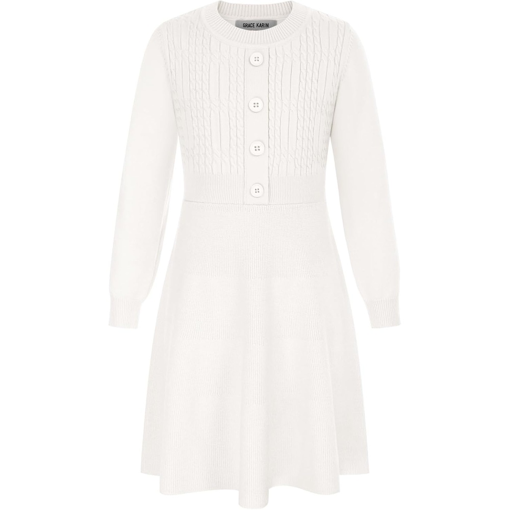 image:imageGRACE KARIN Girl Dress Long Sleeve Sweater Ruffle Button Front Knit Casual Fall Winter Dresses for Girls 512Ivory White