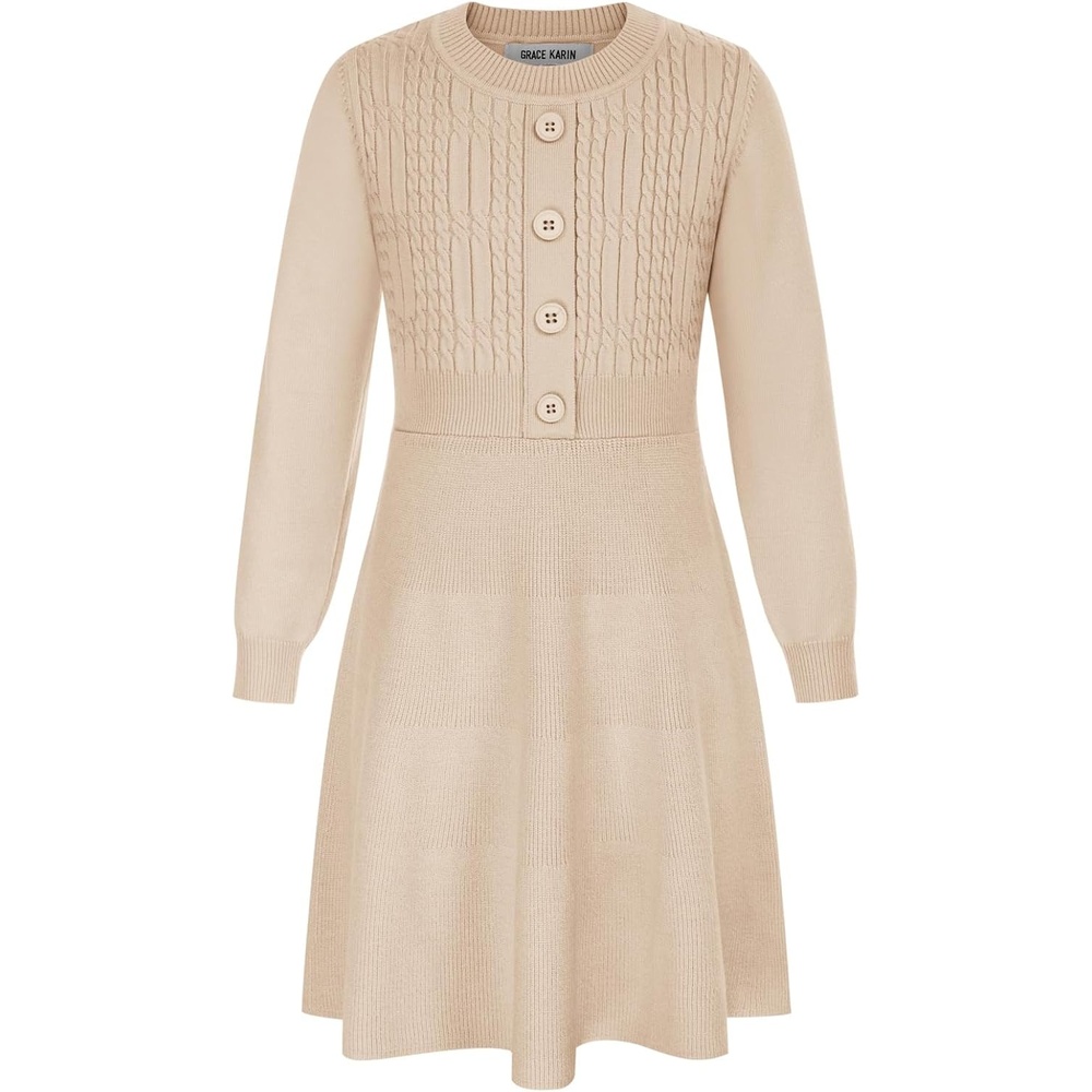 image:imageGRACE KARIN Girl Dress Long Sleeve Sweater Ruffle Button Front Knit Casual Fall Winter Dresses for Girls 512Light Camel