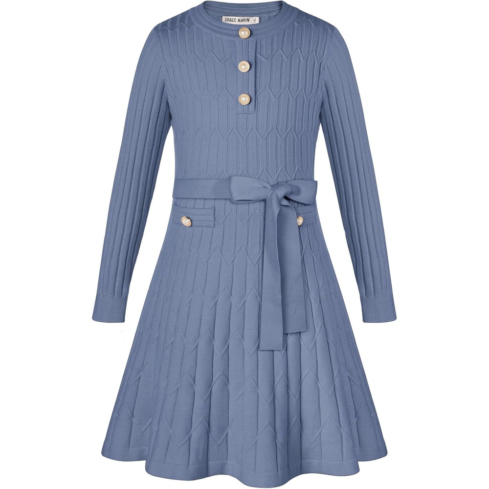 image:imageGRACE KARIN Girls Dress Fall Winter Sweater Long Sleeve Cable Knit Button Casual Dresses for Teen Girl 614YGray Blue