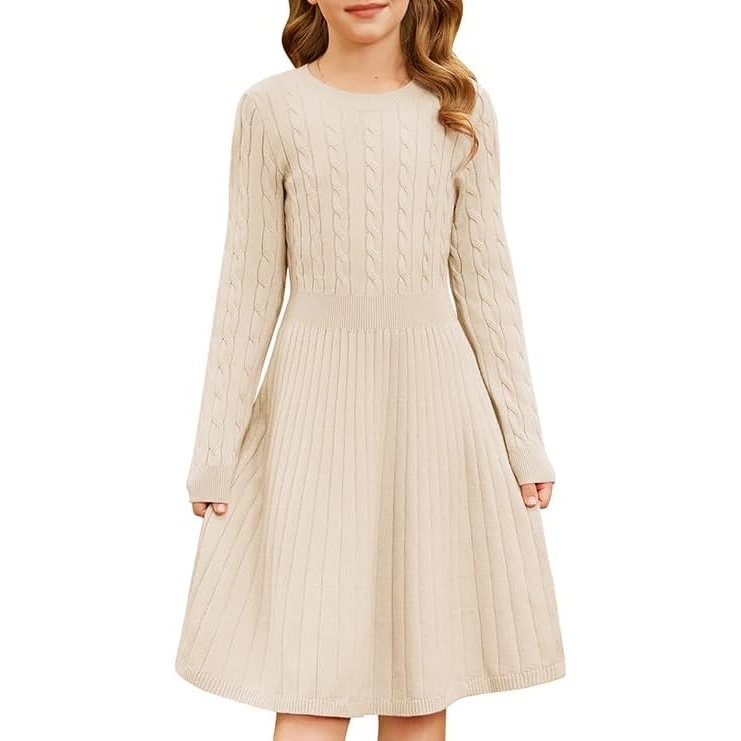 image:imageGRACE KARIN Girls Fall Sweater Dress Long Sleeve Knit Dresses 614 Years A Line Casual Midi Winter Pleated School Kids ClothesBeige