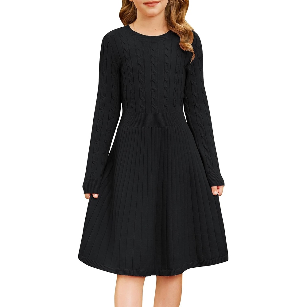 image:imageGRACE KARIN Girls Fall Sweater Dress Long Sleeve Knit Dresses 614 Years  A Line Casual Midi Winter Pleated School Kids ClothesBlack