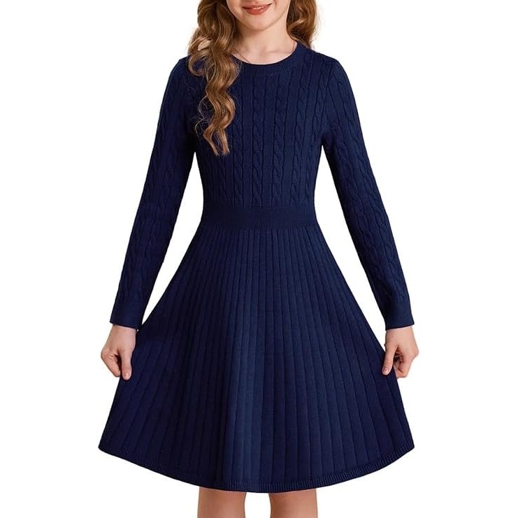 image:imageGRACE KARIN Girls Fall Sweater Dress Long Sleeve Knit Dresses 614 Years A Line Casual Midi Winter Pleated School Kids ClothesNavy Blue