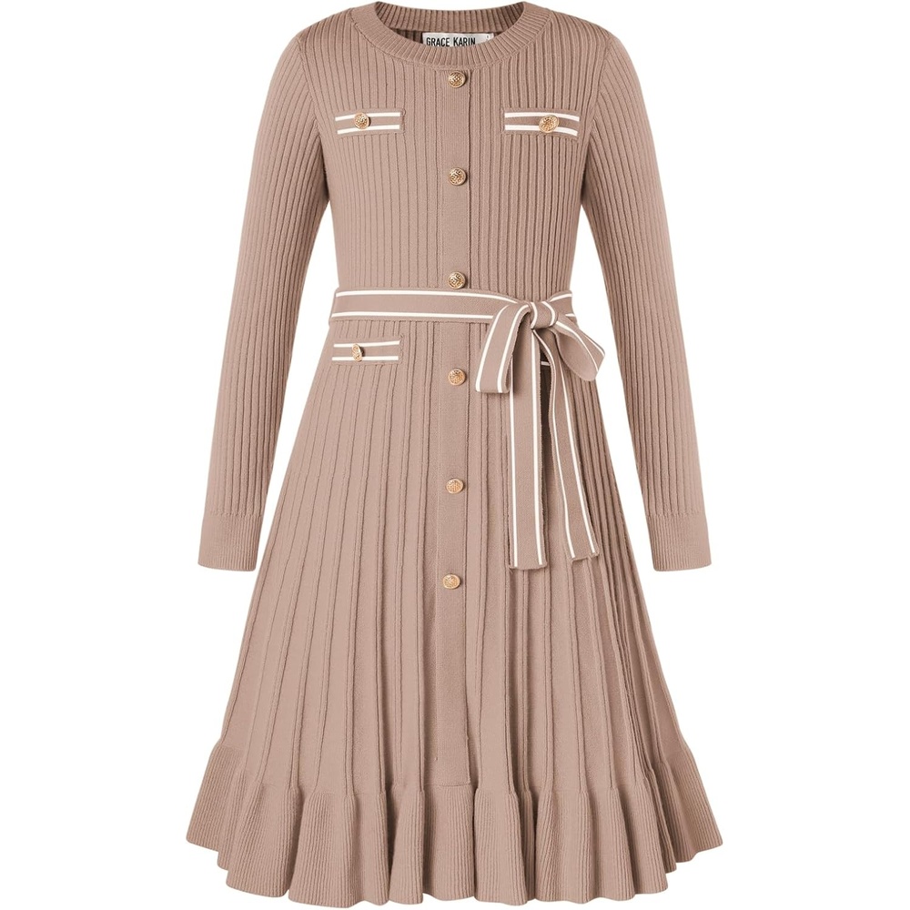 image:imageGRACE KARIN Girls Fall Sweater Dress Tween Long Sleeve Fashion Button Front Fancy Ruffle Winter Casual Dresses Size 614New Light Apricot 01