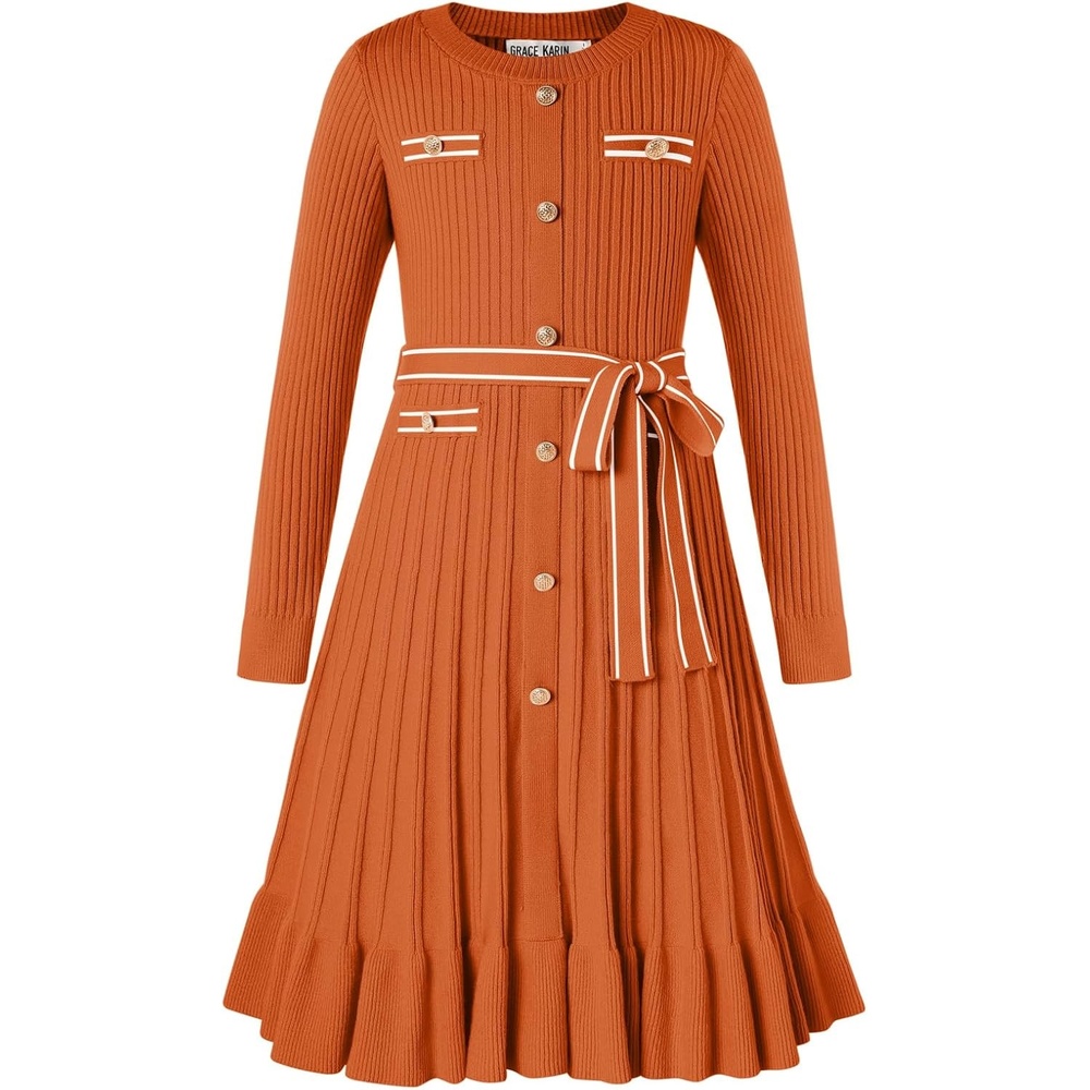 image:imageGRACE KARIN Girls Fall Sweater Dress Tween Long Sleeve Fashion Button Front Fancy Ruffle Winter Casual Dresses Size 614Pumpkin Orange