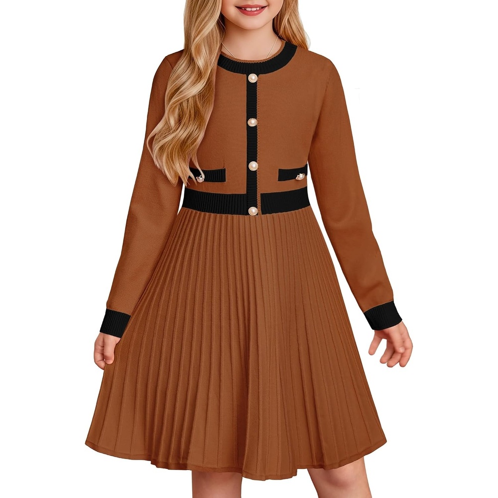 image:imageGRACE KARIN Girls Sweater Fall Dress Long Sleeve Casual Winter Dresses 616 Holiday School Birthday Church Party Elegant Preppy Color Block TweenBurnt Orange