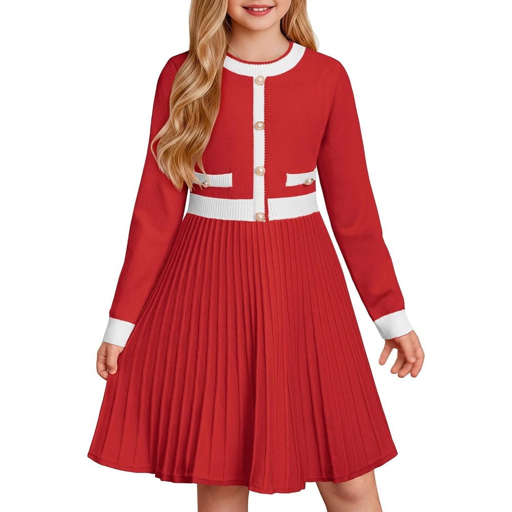 image:imageGRACE KARIN Girls Sweater Fall Dress Long Sleeve Casual Winter Dresses 616 Holiday School Birthday Church Party Elegant Preppy Color Block TweenChristmas Red