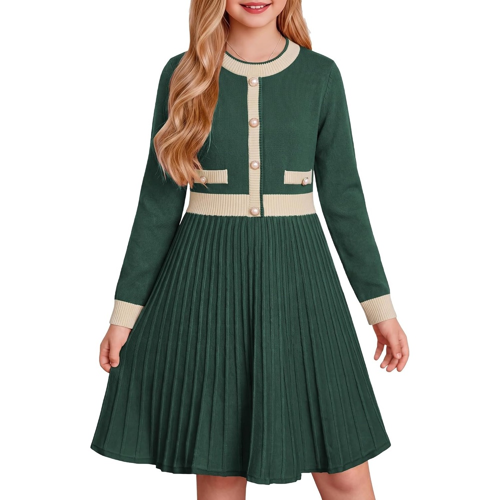 image:imageGRACE KARIN Girls Sweater Fall Dress Long Sleeve Casual Winter Dresses 616 Holiday School Birthday Church Party Elegant Preppy Color Block TweenEden Green