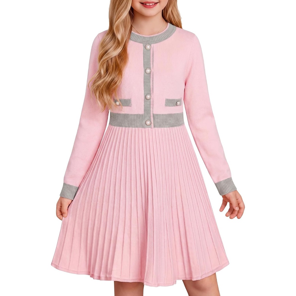 image:imageGRACE KARIN Girls Sweater Fall Dress Long Sleeve Casual Winter Dresses 616 Holiday School Birthday Church Party Elegant Preppy Color Block TweenGray Pink